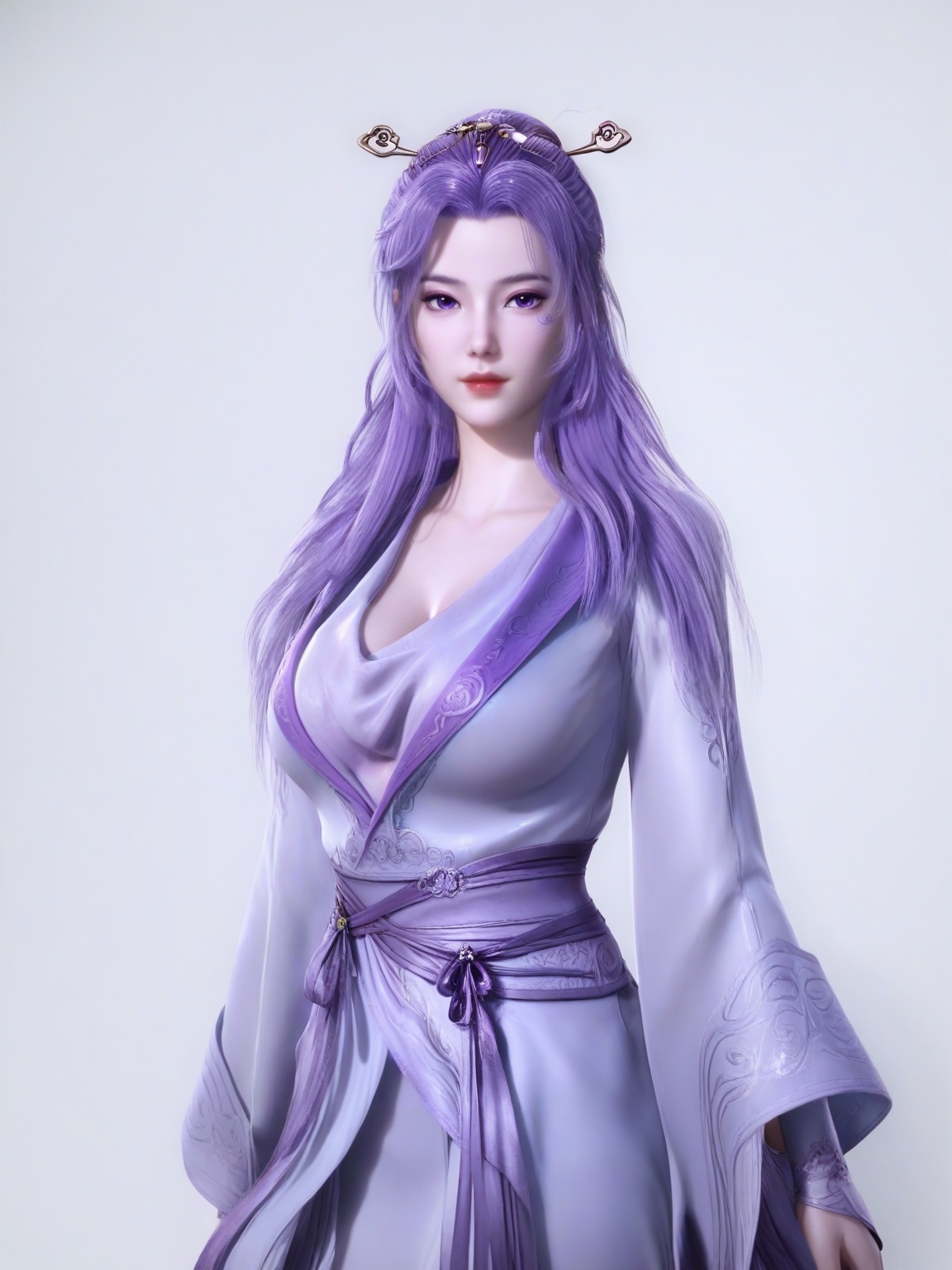 score_9,<lora:SF_YunXiao_Pony_Realism2.3-000004:0.7>,1girl,breasts,large breasts,standing,hair ornament,facial mark,solo,lipstick,long hair, dress,jewelry,purple eyes,purple hair,long sleeves, wide sleeves, cowboy shot,looking at viewer,white background,simple background,