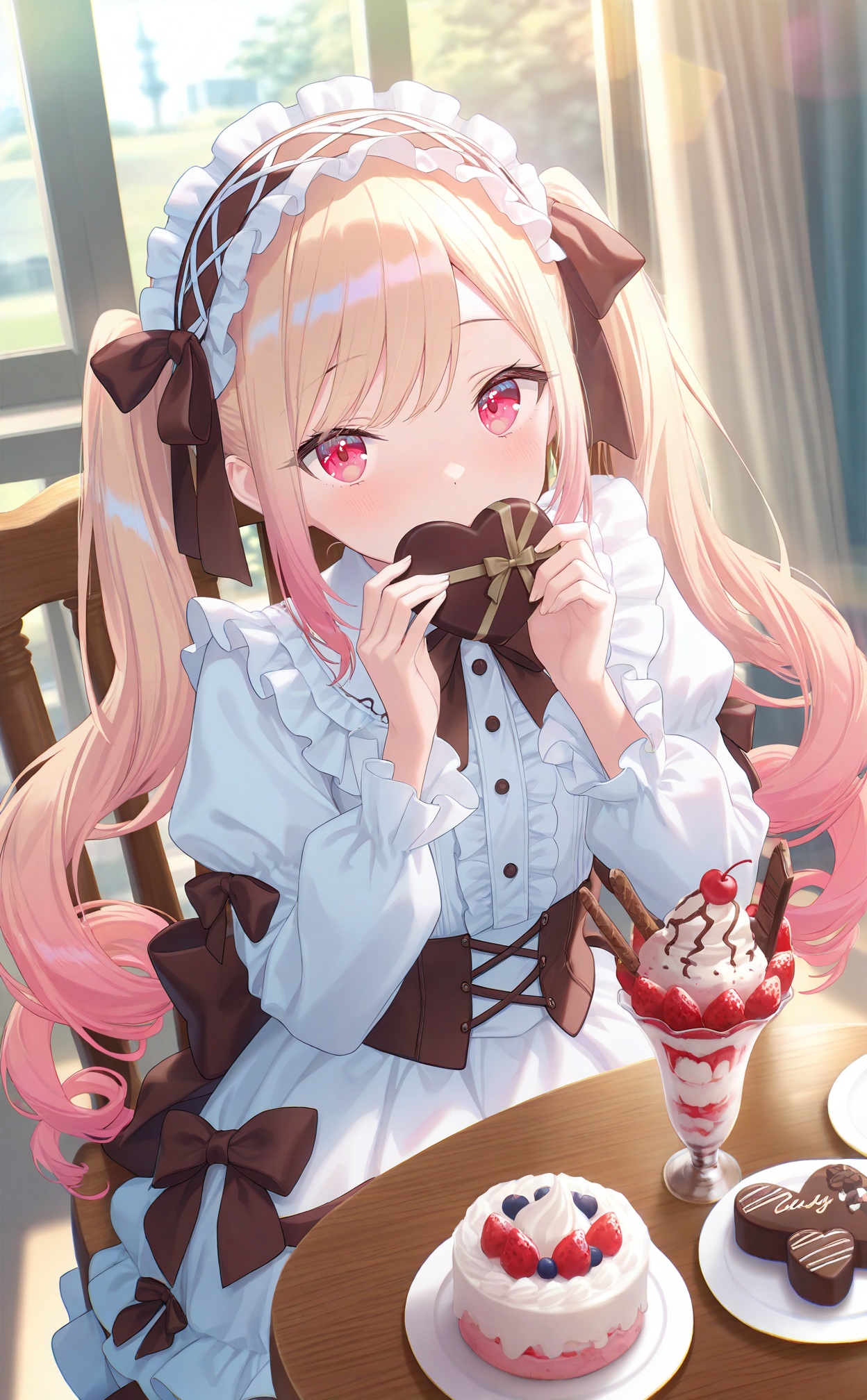 masterpiece,very aware,highres,absurdres,newest,best quality,(loli),petite,high quality,chromatic_aberration,//,chocolate, food, 1girl, solo, blonde_hair, table, frills, heart-shaped_chocolate, pink_hair, parfait, dress, heart, strawberry, brown_bow, long_sleeves, chair, multicolored_hair, sundae, twintails, gradient_hair, long_hair, hairband, frilled_hairband, looking_at_viewer, frilled_dress, candy, sitting, fruit, ice_cream, ribbon, holding, frilled_sleeves, brown_ribbon, blurry, bow, lolita_fashion, curtains, neck_ribbon, pink_eyes, holding_food, wafer_stick, macaron, whipped_cream, puffy_sleeves, wooden_table, valentine, sweet_lolita, dot_nose, cross-laced_clothes, cross-laced_dress, on_chair, window, cake, eating, lolita_hairband, white_dress, feet_out_of_frame, holding_chocolate, cherry, box_of_chocolates, red_eyes, sweets, brown_bowtie, sleeve_cuffs, hair_bow, back_bow, covered_mouth, depth_of_field, elbow_rest, day, swept_bangs, pleated_dress, sidelocks, blurry_background, drill_hair, hand_on_table, spoon, official_alternate_hairstyle, very_long_hair, juliet_sleeves, indoors, center_frills//,artist:luvluvvox,artist:fukai ryosuke,[artist:Torino aqua],artist:minato hitori,hiten_(hitenkei),artist:rurudo,artist:lazuri7,artist:yunikon,//,absurdres,newest,very aesthetic,amazing quality,highres,sensitive,ultra detailed,best anatomy,HDR,8K,high detail RAW color art,high contrast,illustration,depth of field,(colorful),phenomenal aesthetic,detailed light,blurred picture,Tyndall effect,contrast,lens flare,cinematic lighting,//,<lora:PVC5——【noob】hans:0.3>,<lora:konya_karasue——【noob】hans:0.5>,<lora:pjsk-noob-hans:0.65>,