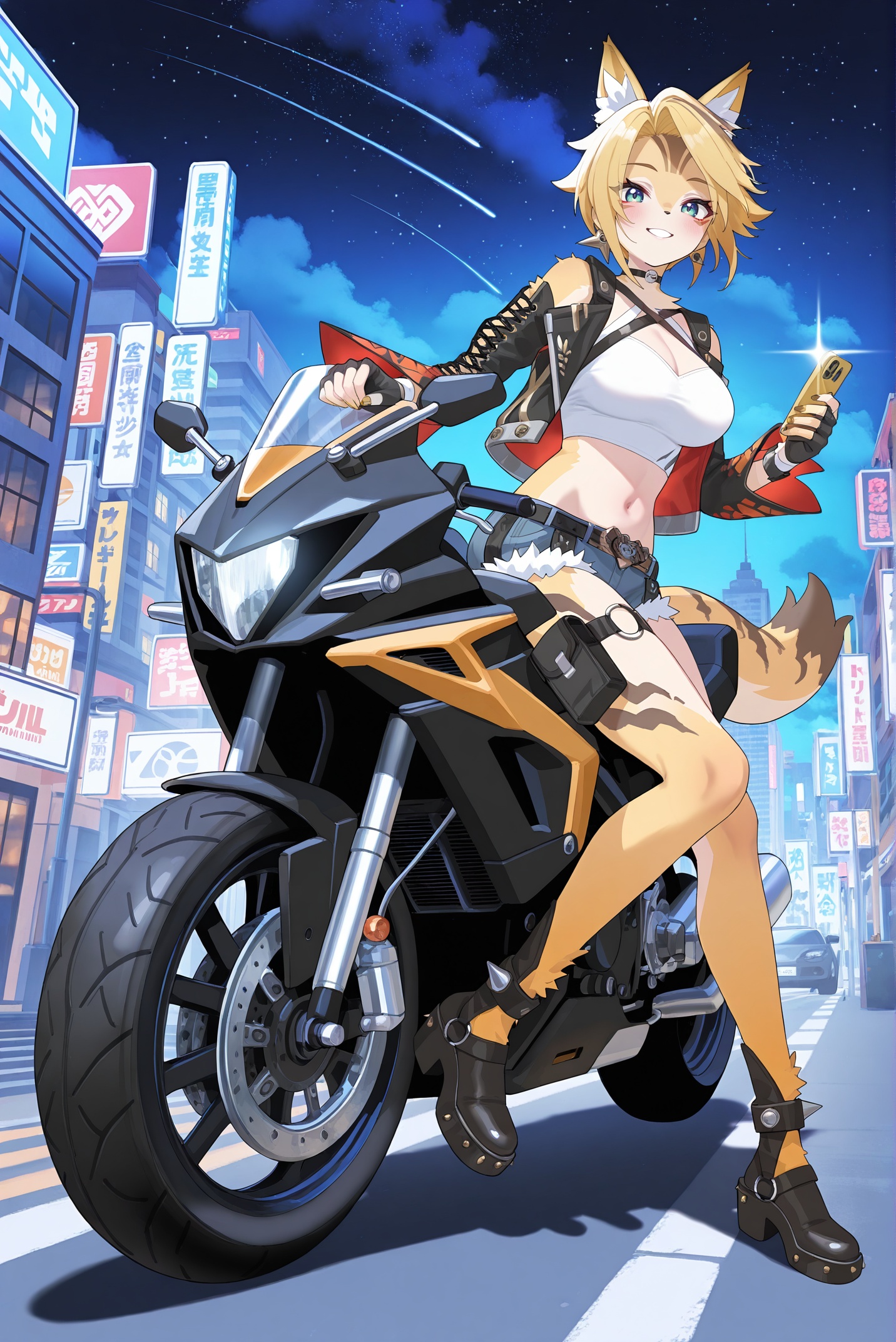 8k,best quality,masterpiece,(ultra-detailed),(high detailed skin),(year 2024:0.8),flat color,artist:maidforge,artist:aqua inc.,artist:edoya inuhachi,artist:reoen,artist:fuzichoco,(1girl:1.2),(solo),(breasts),looking_at_viewer,blush,smile,long_sleeves,dress,holding,cleavage,jewelry,medium_breasts,sitting,full_body,earrings,outdoors,parted_lips,detached_sleeves,sky,cloud,night,floating_hair,shadow,cellphone,(ground_vehicle:1.1),building,star_(sky),night_sky,(motor_vehicle:1.1),smartphone,starry_sky,holding_phone,city,road,motorcycle,shooting_star,<lora:Pulchra-noob-Tanger-000014:0.9>,pulchra fellini \(zenless zone zero\),clothes: pulchra def clothes,cheetah girl,fur skin,furry,1girl,animal ears,tail,fingerless gloves,jacket,short hair,shorts,belt,blonde hair,open jacket,cutoffs,midriff,thigh strap,full body fur,