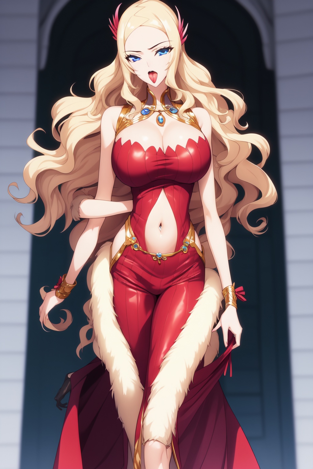 1girl,bare shoulders,blonde hair,blue eyes,breasts,depth of field,dress,long hair,pelvic curtain,red dress,side slit,(thighs:1.1),very long hair,[[<lora:yafei2>]],milf,mature,glamor,wavy hair,<lora:add-detail-xl>,masterpiece,best quality,amazing quality,<lora:ugly_fat_man_illustrious_goofy:1>,ugly man,1boy,arms behind back,body hair,breasts,cleavage,dark-skinned male,[grabbing another's breast],groping,hetero,large breasts,long hair,male pubic hair,navel,netorare,open mouth,pubic hair,***** juice,standing,thighs,tongue,tongue out,ugly man,[grabbing_from_behind],
