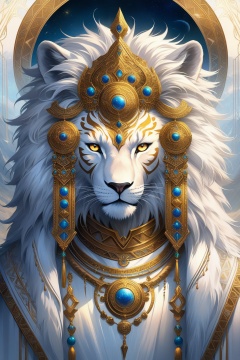 ethereal fantasy concept art of   . magnificent, celestial, ethereal, painterly, epic, majestic, magical, fantasy art, cover art, dreamy, hyper detailed, anthropomorphic lion, white fur, yellow eyes, tribal markings, adorned with jewelry, medallions, white robes, braids, red sash, fantasy character, portrait orientation, detailed fur texture, intricate designs on clothing and jewelry, serene expression, standing indoors, background blurred, high detail, digital art, illustration,
