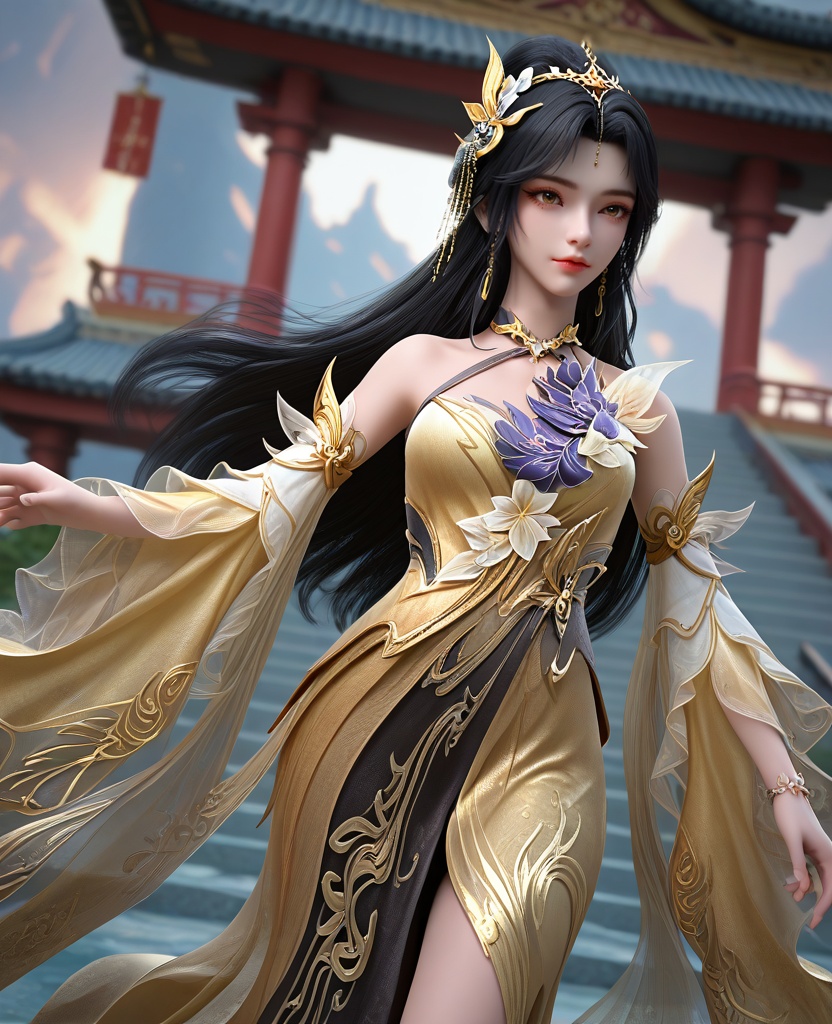 (oriental architecture, elegant decor, sophisticated style:1.1),hands on hips,(breasts:1.2),<lora:XL16完美世界王曦:0.95>,miss wangxi,yellow high-slit mermaid gown,brown eyes,mole under right eye,black hair,traditional chinese updo with long cascading hair,hair ornament,jewelry,wide flowing sleeves,, zPDXL2, score_9, score_8_up, score_7_up BREAK realistic, masterpiece,best quality, highly detailed,, zPDXL3, zPDXL2,zPDXL, zPDXLxxx, zPDXLrl,