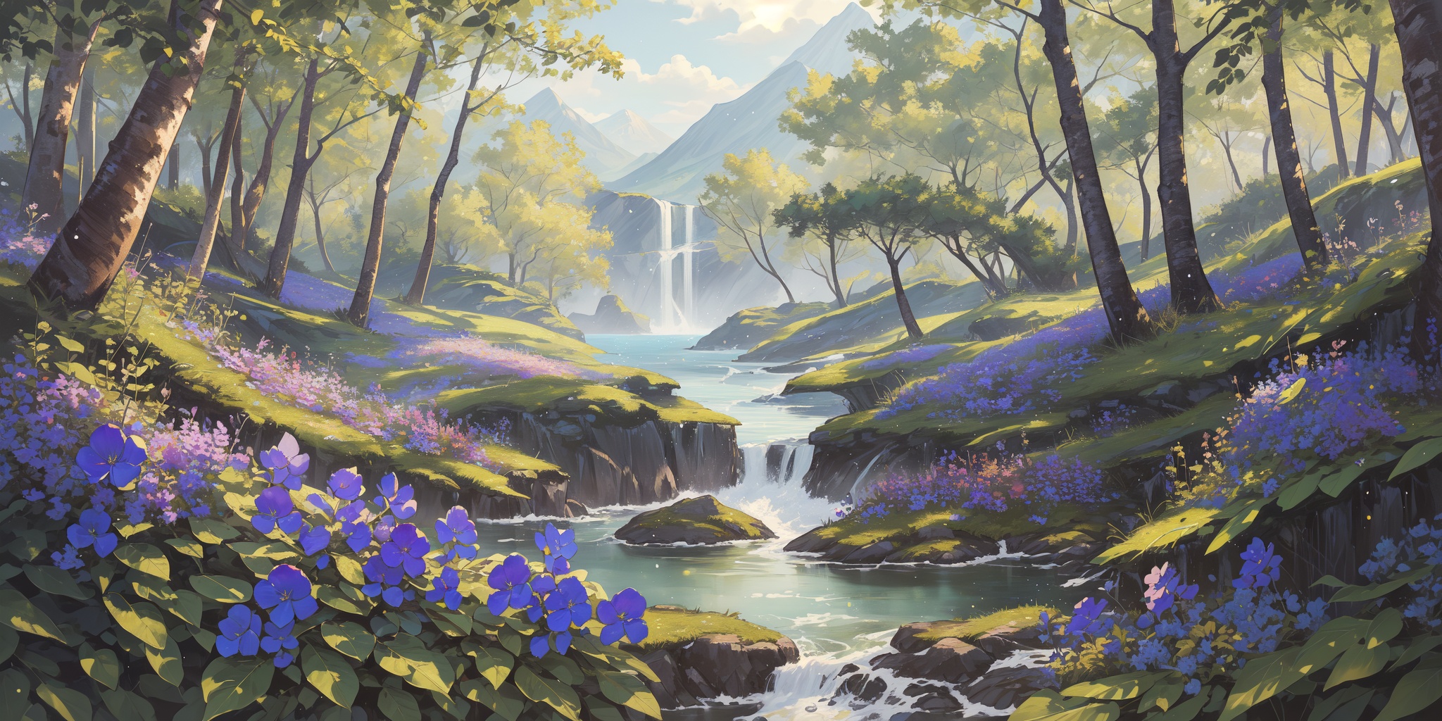 scenery,outdoors,light particles,beautiful detailed sky,beautiful detailed glow,best shadow,panorama,(Forest, Bluebells, Trees, Flowers, Spring, Colors, Serenity, Beauty:1.3),(Mountain waterfall, Picnic, Noontime sun, Cascading water, Fresh air, Relaxation:1.2),(Bee balm, Coneflowers, Wild grasses, Beehives, Pollinators, Buzzing activity:1.1),(masterpiece, best quality, beautiful and aesthetic:1.3),extremely detailed CG,ultra-detailed,beautiful concept illustration,illustration,extremely fine and beautiful,perfect details,<lora:YOUHUA-000018:1>,oil painting \(medium\),