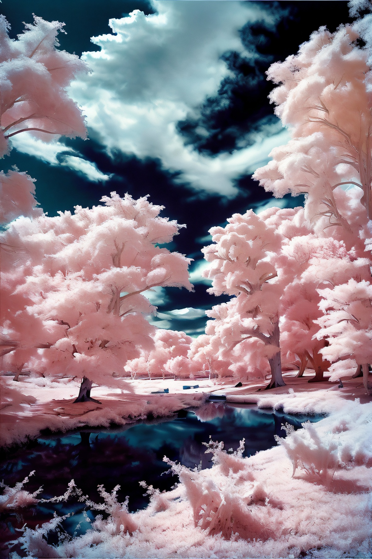 masterpiece,best quality,official art,extremely detailed,highly detailed,absurdres,highres,tree,scenery,outdoors,cherry blossoms,sky,cloud,reflection,solo,1girl,grass,black hair,water,1girl,day,standing,<lora:梦幻芳芳:1>,