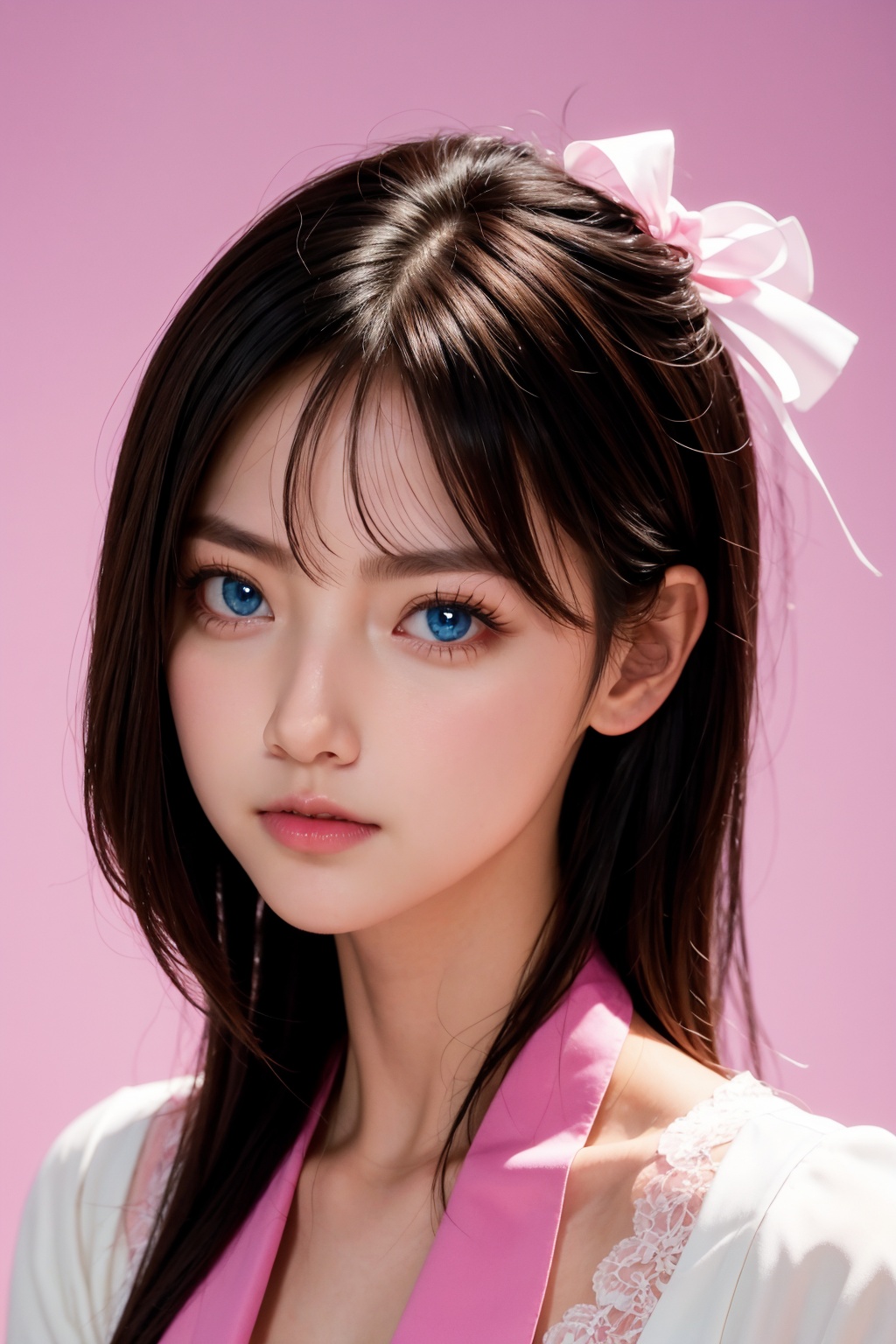 <lora:AgainEyes:0>,1girl,black hair,portrait,white dress,blue eyes,shining eyes,(pink simple background:1.25),