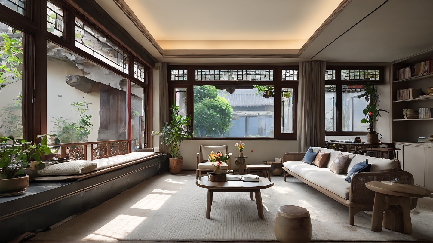 xinzhongshi,<lora:xinzhongshi XL1.0:0.8>,, no humans,window,table,couch,indoors,chair,wooden floor,vase,cup,lamp,potted plant,book,flower,shelf,plant,masterpiece,8K,reality,day,incredibly absurdres,huge filesize,