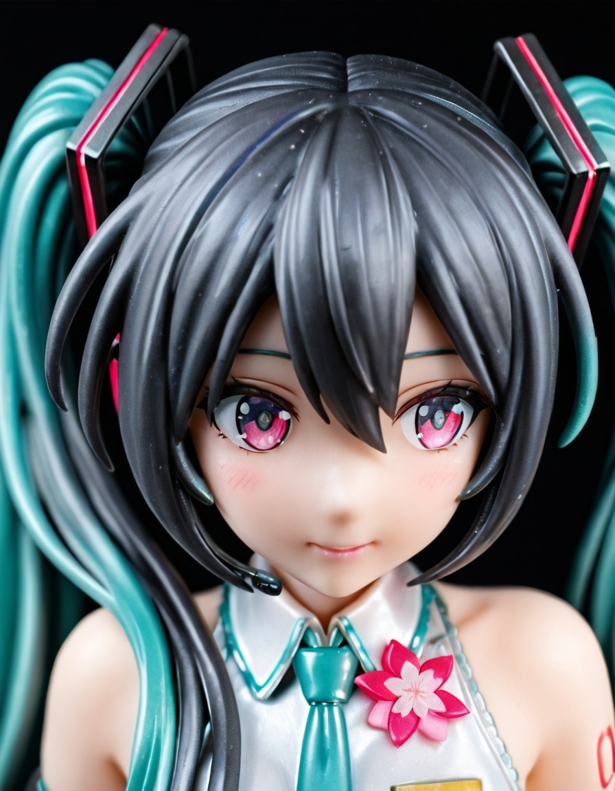 This is a digital anime-style illustration of Hatsune Miku, a popular virtual singer. She has long, flowing pink twin-tails adorned with black hair accessories shaped like apples. Her large, expressive pink eyes are wide open, and she wears a sleeveless white top with pink accents. Pink cherry blossom petals surround her, adding a dynamic, whimsical touch to the dark background. The overall mood is ethereal and magical.