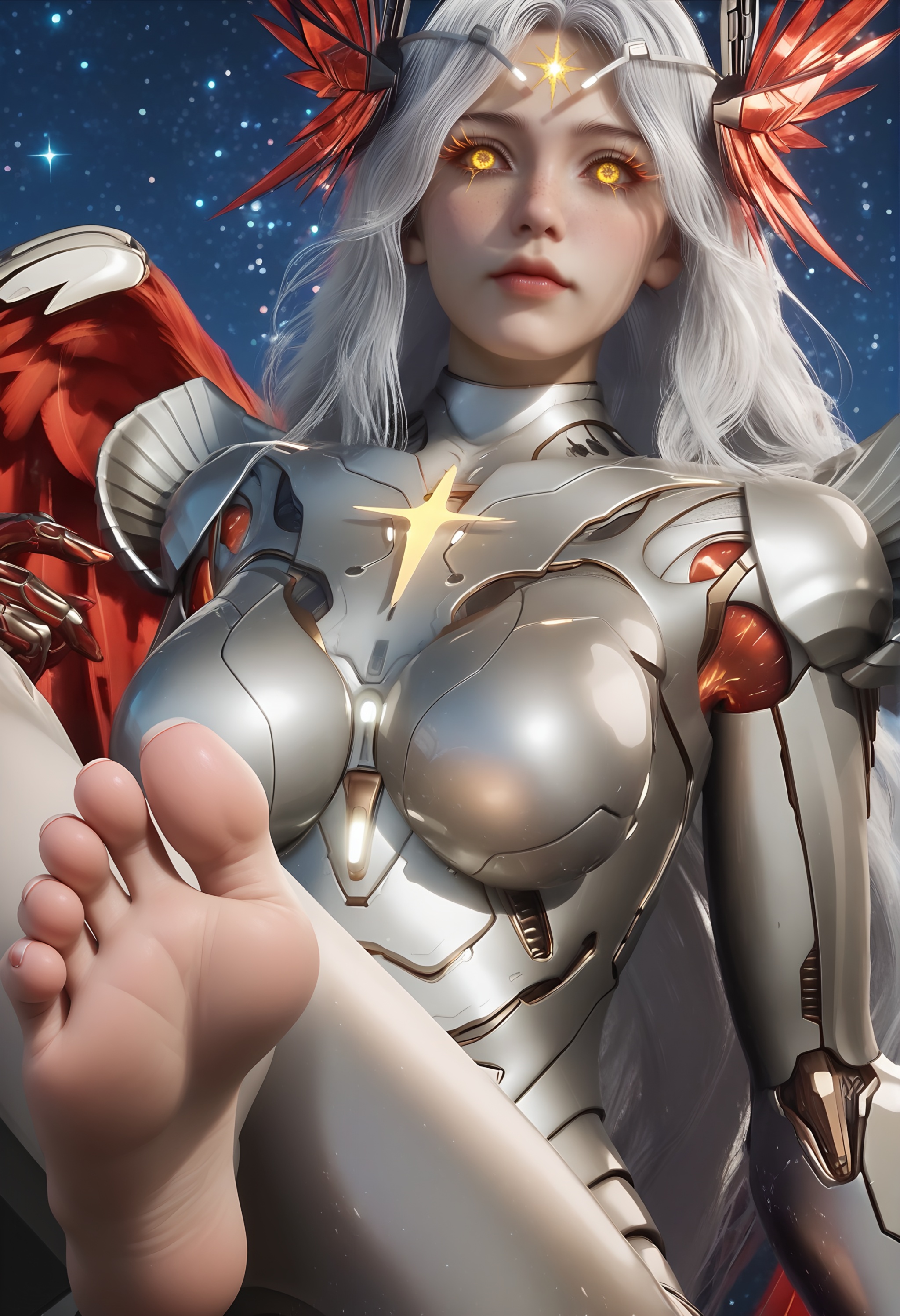 (score_9),<lora:星幻王-apony:0.83>,mechanical angel,xinghuanwang,1girl,solo,joints,veins,glowing veins,ringed eyes,long eyelashes,freckles,hair ornament,long hair,white hair,glowing markings,glowing eyes,yellow eyes,Metallic horn-like ornament,blending feathers and mechanical parts,power armor,shoulder armor,wings,feathered wings,red wings,large_wings,mechanical arms,mechanical hands,cybernetic leg,long legs,bare feet,mature_female,BREAK<lora:Expressive_H-000001:0.8>,light blush,Expressiveh,ringed eyes,looking at viewer,front view,foot,((foot focus)), fair_skin,(pale skin),(sweaty_skin),ultra-detailed skin texture,detailed textures,<lora:皮肤凹痕:1.5>,<lora:RealisticSkinv1_ponyv6_loraplus:0.35>,real skin,BREAKsimple background,<lora:e色温:0.25>,sparkle,blurry background,star \(symbol\),starry sky,star \(sky\),universe,hyper_galaxy,4K ultra HD,sharp focus,high detail,high contrast,