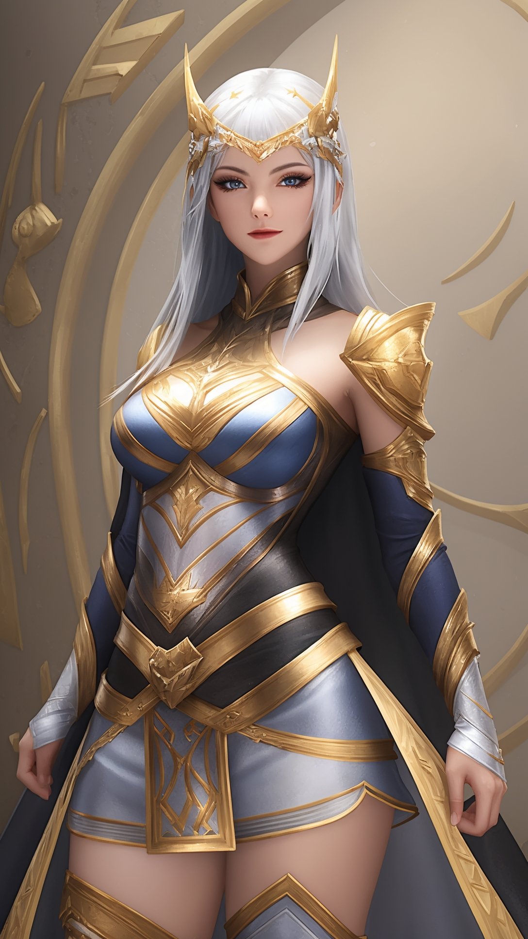 (1girl),smooth chin,masterpiece,detailed face,((hair ornament)),top quality,4k,make up,best quality,large breasts,(looking at viewer),long legs,arms behind back,mature female,full body,silver hair,detached sleeves,black and blue mixed jacket,armor,white skirt,(black cape),blue eyes,short pencil skirt,cloak,white legwear,<lora:1王者露娜启示之音_v1.0:0.8>,