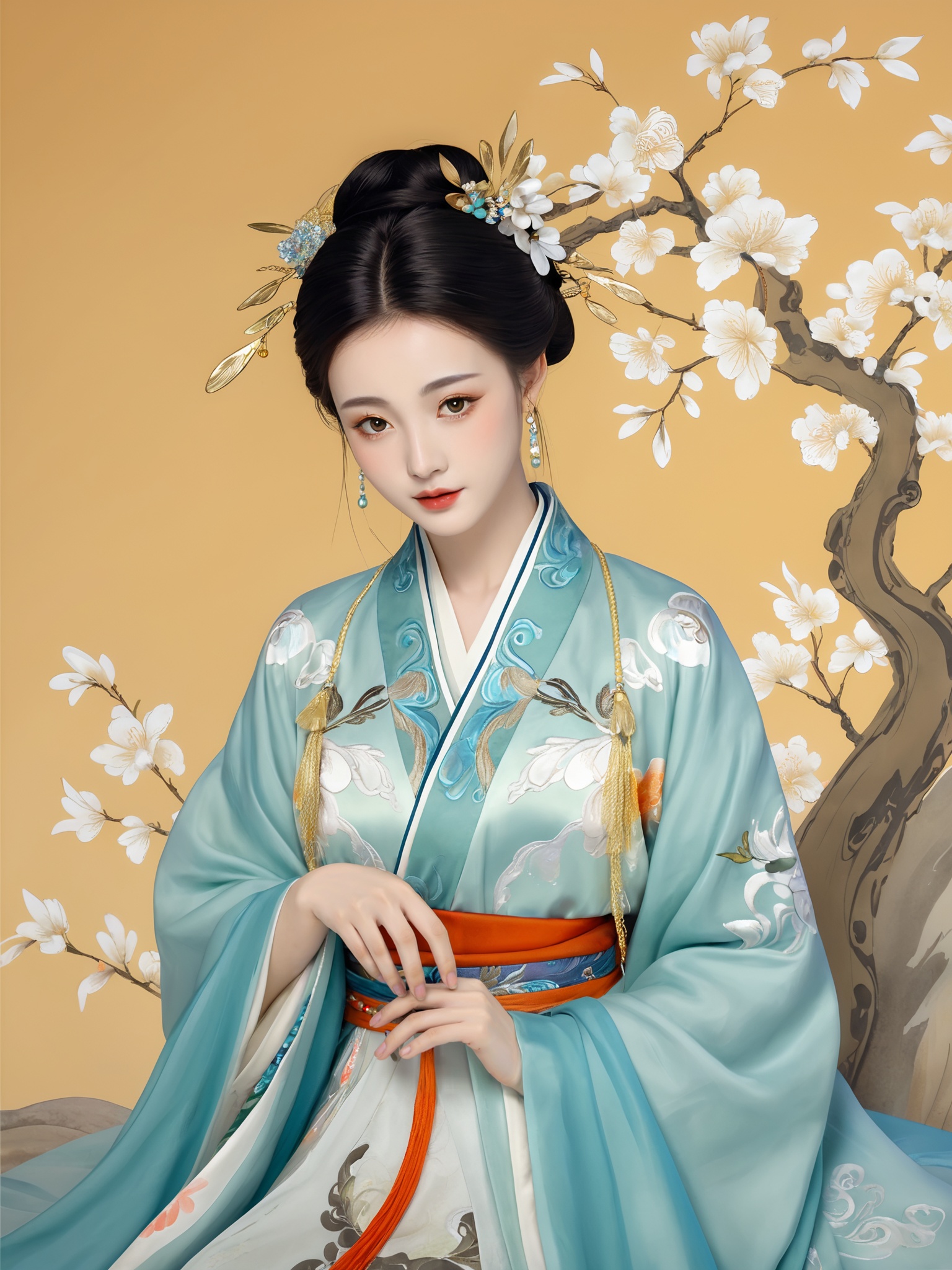 A beautiful dancer in ancient China,delicate lines,gorgeous costumes in ancient China,embroidered robe,delicate and vivid,shy face,willow leaf eyebrows,personality depiction,coiled hair,gold leaf,flowing clouds,watercolor,crane surrounding,ink painting,gentle eyes,meticulous color scheme,exquisite clothing patterns,by Gu Kaizhi,Zhang Xuan,professional color grading,realistic style,soft shadows,Pastel colors,clean and sharp focus,Flim photography,Panoramic View,32K,