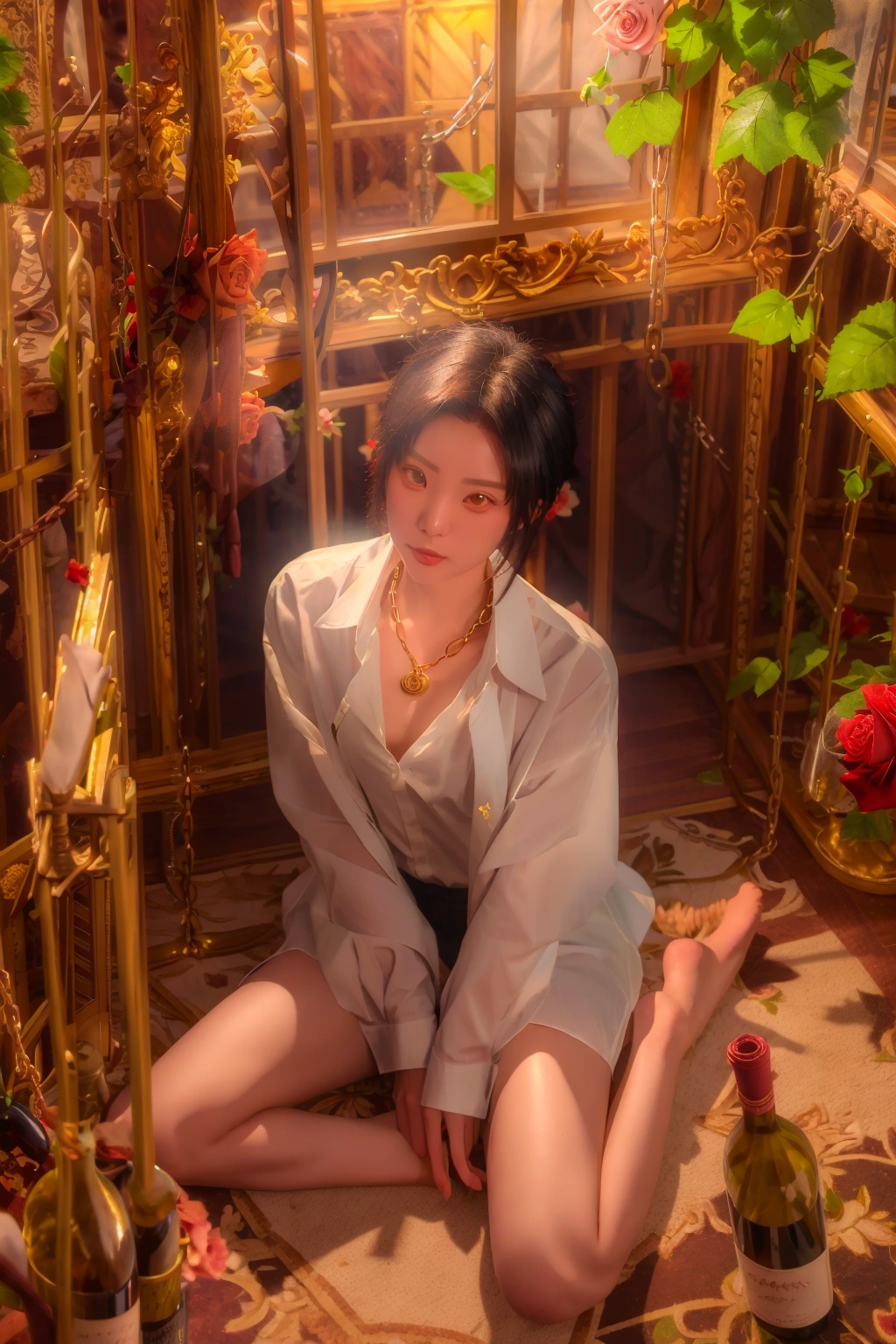 longzhongque,sunlight,magnificent,golden birdcage,shirt,barefoot,bottle,sitting,cage,solo,black hair,white shirt,book,short hair,flower,wine glass,male focus,dark skin,1boy,looking at viewer,naked shirt,indoors,alcohol,wine bottle,collared shirt,1girl,wine,cup,long sleeves,drinking glass,dress shirt,open shirt,plant,window blinds,candle,rose,window,jewelry,from above,between legs,bare legs,open clothes,curtains,closed mouth,petals,hand between legs,chain,<lora:longzhongque_v1_5_512:0.8>,