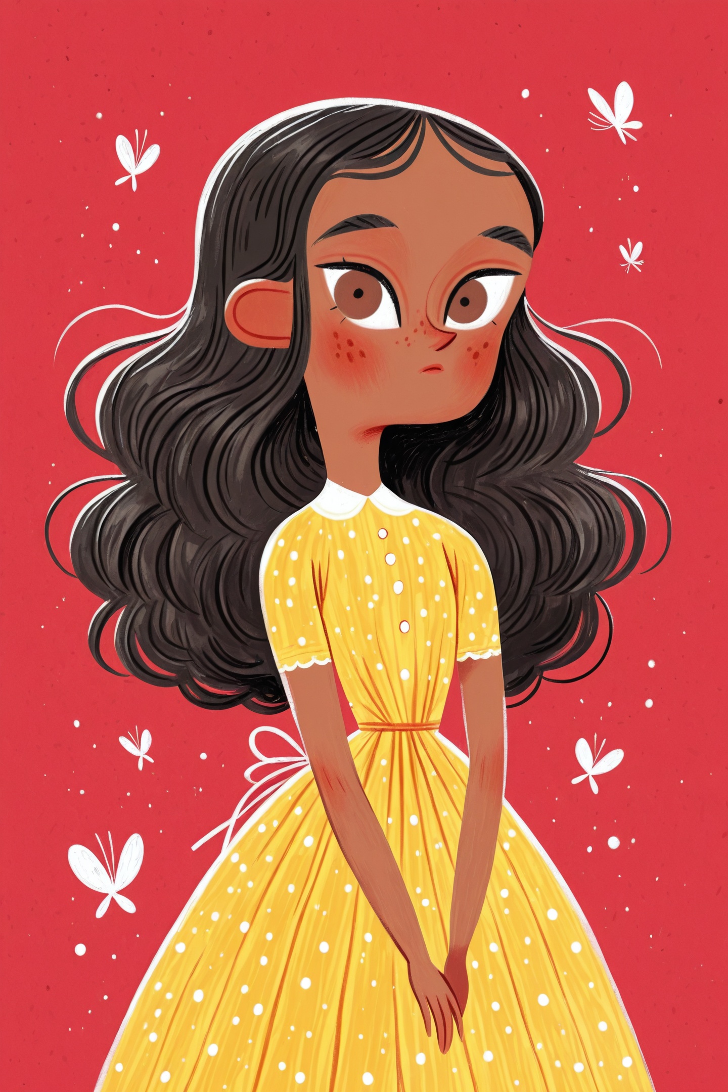 David Sierra Liston Style,1girl,solo,black hair,dark-skinned female,dark skin,long hair,freckles,brown eyes,bug,upper body,butterfly,blush,dress,yellow dress,looking at viewer,red background,<lora:David Sierra Liston_illustriousXL:1>,