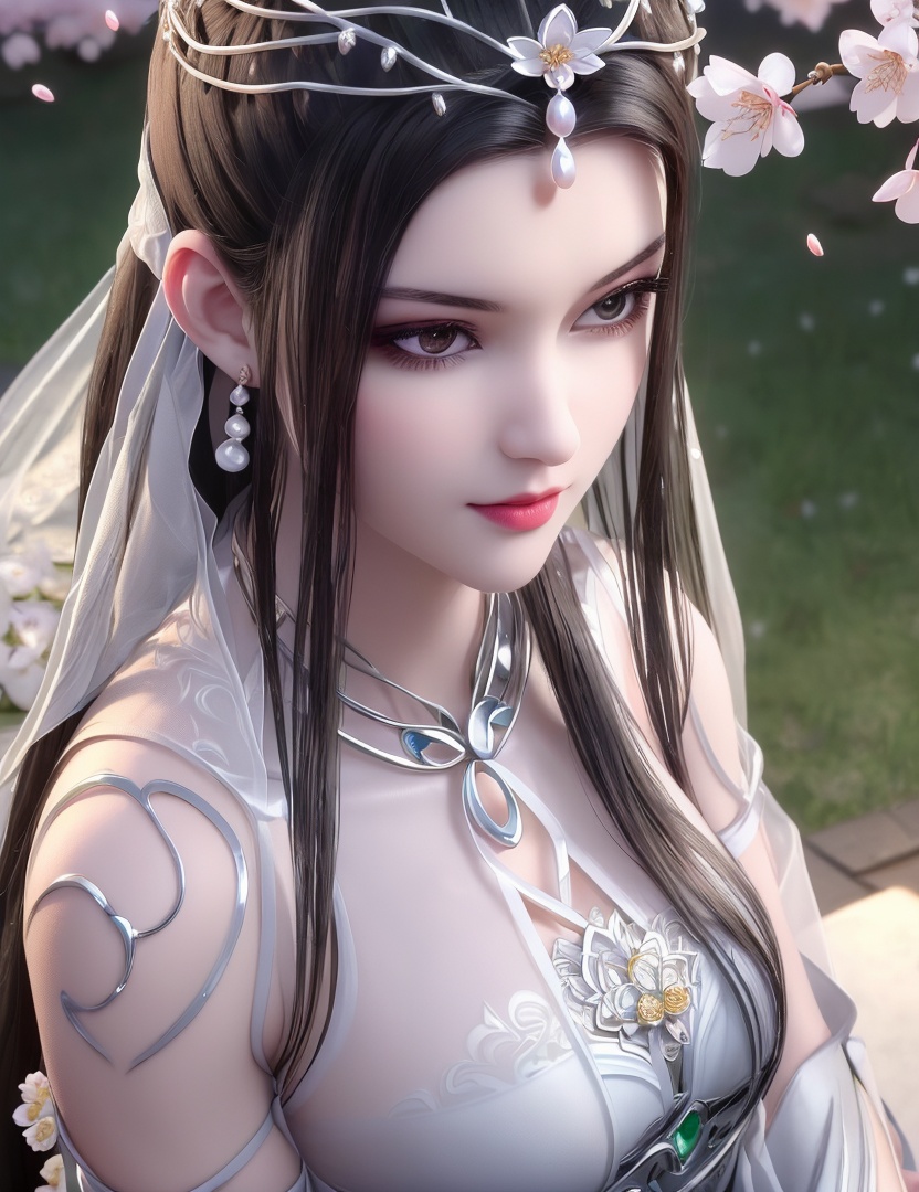 ultra realistic 8k cg, picture-perfect face, flawless, clean, masterpiece, professional artwork, famous artwork, cinematic lighting, cinematic bloom, perfect face, beautiful face, fantasy, dreamlike, unreal, science fiction,   lace, lace trim, lace-trimmed legwear,  (rich:1.4), prestige, luxury, jewelry, diamond, gold, pearl, gem, sapphire, ruby, emerald, intricate detail, delicate pattern, charming, alluring, seductive, erotic, enchanting, hair ornament, necklace, earrings, bracelet, armlet,halo((,1girl, pov,))  , ((((1girl, solo, ,cherry blossoms,outdoors, ))))<lora:DA_LinQingZhu:0.7>