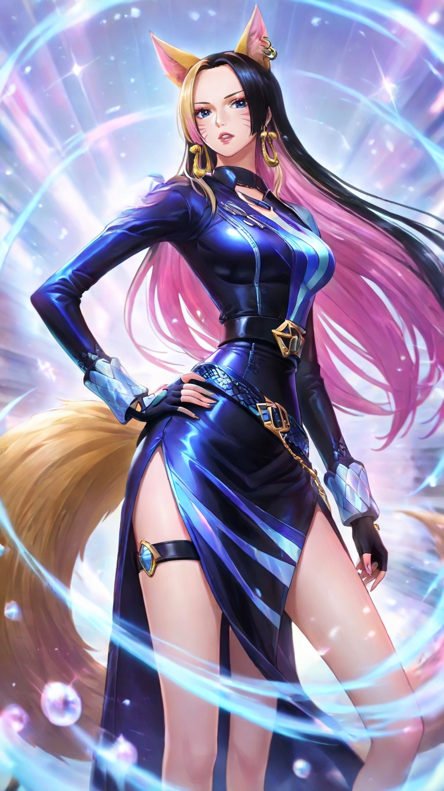 <lora:联盟女团1-000025:0.6>,lvjing,1girl,animal ears,fox ears,long hair,blonde hair,solo,k/da \(league of legends\),facial mark,hand on own hip,fox tail,tail,whisker markings,multicolored hair,official alternate costume,breasts,single fingerless glove,asymmetrical clothes,looking at viewer,pink hair,fingerless gloves,belt,parted lips,makeup,gloves,fox girl,jewelry,blue eyes,standing,long sleeves,medium breasts,thigh strap,dress,depth of field,masterpiece,best quality,very aesthetic,alternate costume,2024,2023,perfect composition,ultra-detailed,extreme aesthetic,masterpiece,best quality,good quality,newest,year 2024,year 2023,very aesthetic,absurdres,looking_at_viewer,colorful,<lora:女帝:0.6>,boa hancock one piece,boa hancock,1girl,black hair,long hair,jewelry,earrings,blue eyes,black eyes,