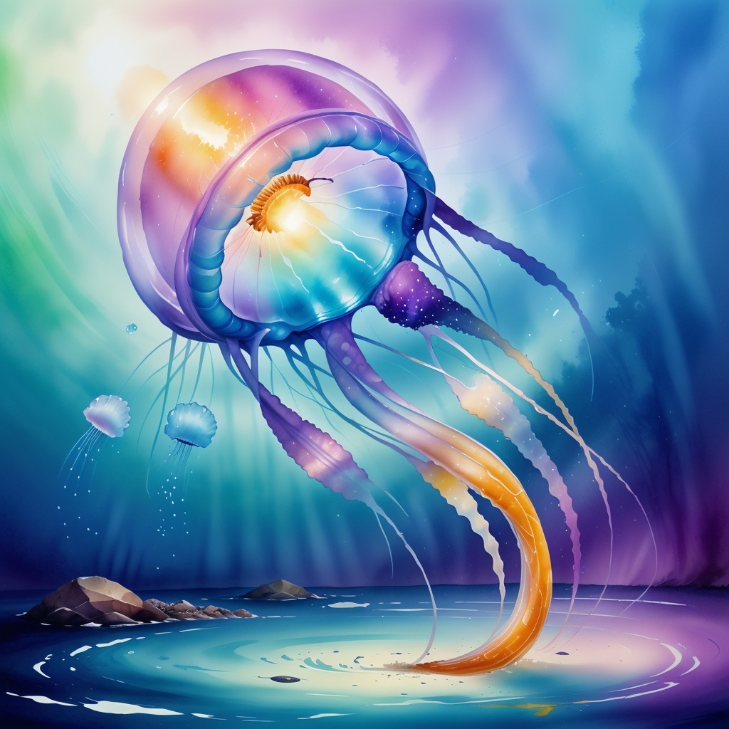 a bunch of jellyfish lost inside an unknown ecosystem all in different colors,glowing,glimmers,sparkels,,<lora:5WaterColorful-000003:0.6>