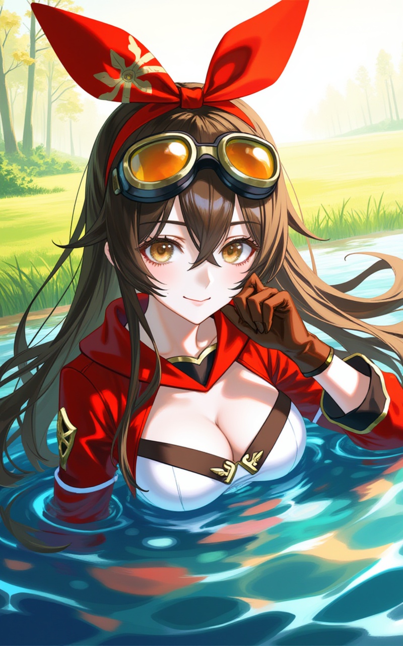 <lora:2D安柏6:1>,anbo,1girl,amber \(genshin impact\),breasts,goggles,solo,long hair,cleavage,brown hair,gloves,smile,looking at viewer,goggles on head,outdoors,partially submerged,brown gloves,hair between eyes,medium breasts,red ribbon,crossed bangs,grass,nature,ribbon,day,closed mouth,hair ribbon,water,brown eyes,long sleeves,forest,dutch angle,yellow eyes,shrug \(clothing\),hairband,9,cover,simple,background,gradient_background,Close-up details,outstanding style,adding a touch of dimension to your images without compromising details,close-up,<lora:滤镜_动漫版9:0.4>,lvjing,