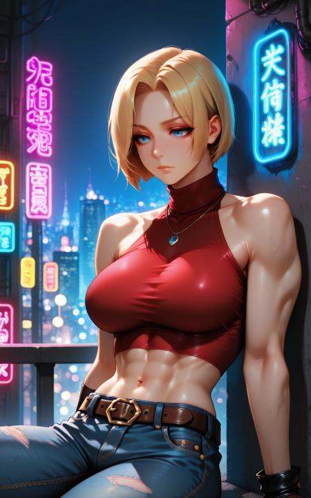 ilbmary, 1girl, breasts, blue eyes, solo, blonde hair, gloves, pants, short hair, fingerless gloves, belt, crop top, bare shoulders, large breasts, sitting, night, midriff, neon lights, sleeveless, abs, turtleneck, navel, cityscape, jewelry, halterneck, muscular, taut clothes, necklace, city, toned, denim, jeans, city lights, parted bangs, black gloves, closed mouth, sleeveless turtleneck, shirt, muscular female<lora:illustrious- Blue Mary-1024x1600:1>, red top, extra belt