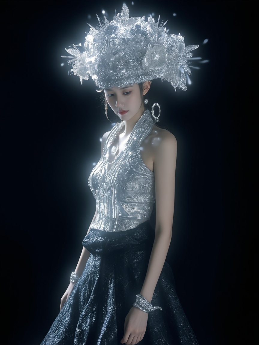 neomj,<lora:neomj古风v9_15:0.9>,The image features a person wearing an elaborate, luminous silver headdress and matching attire against a dark background. The headdress is intricate, with many geometric and floral elements. The person wears a sleeveless silver top with detailed patterns and a long, dark skirt. They also sport a silver bracelet on their wrist, and there appears to be a silver snake-shaped bracelet on their hand. The lighting creates a radiant effect on the silver accessories, highlighting the details and contrasting with the darkness. The person's gaze is downcast, adding a contemplative mood to the portrait.