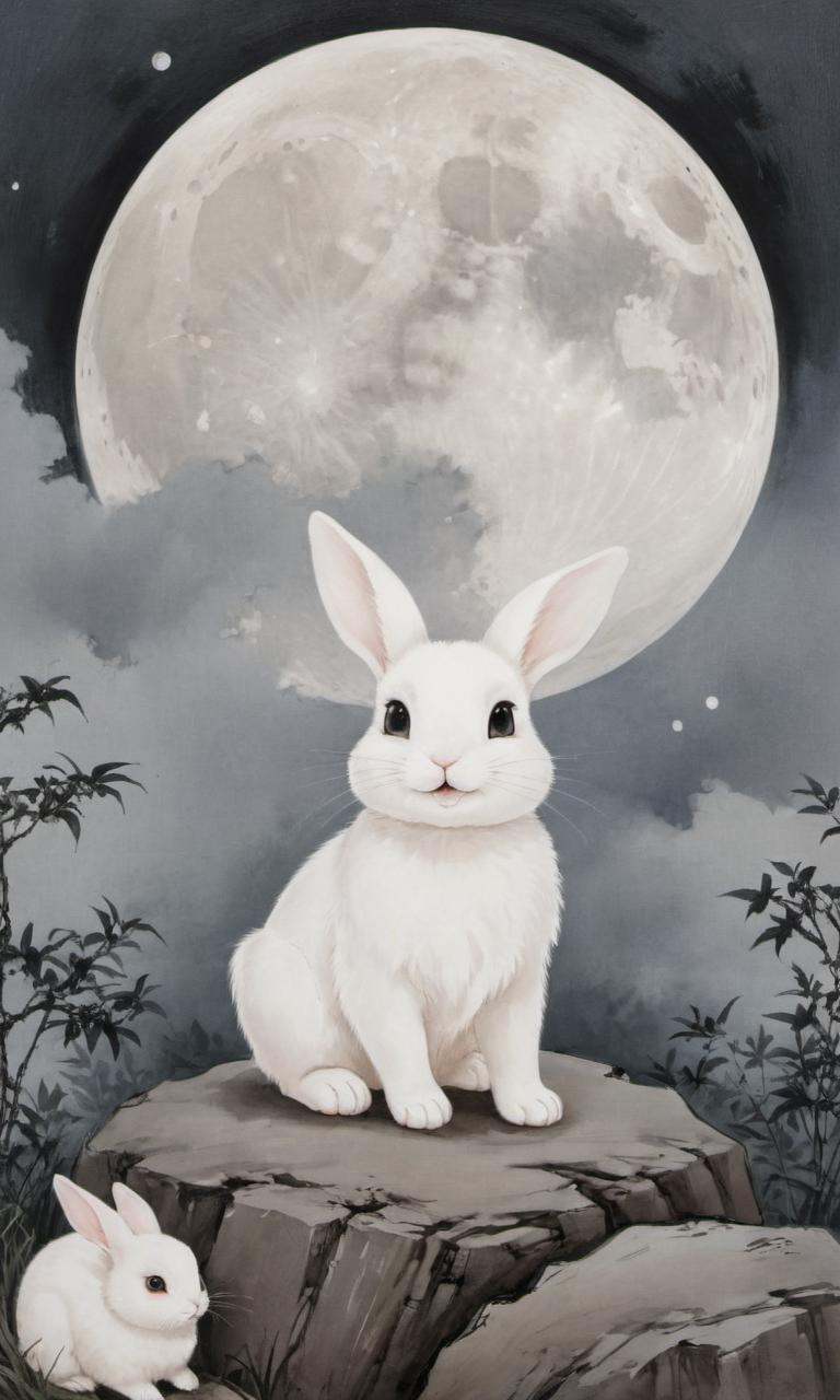 8k, masterpiece, best quality, 2D, (traditional chinese ink painting:0.2),ink,  <lora:watercolor-ink-sketch-v1:0.2>, looking at viewer,1 white baby rabbit, black eyes, smile,background is sky, 1 big moon in the  sky,