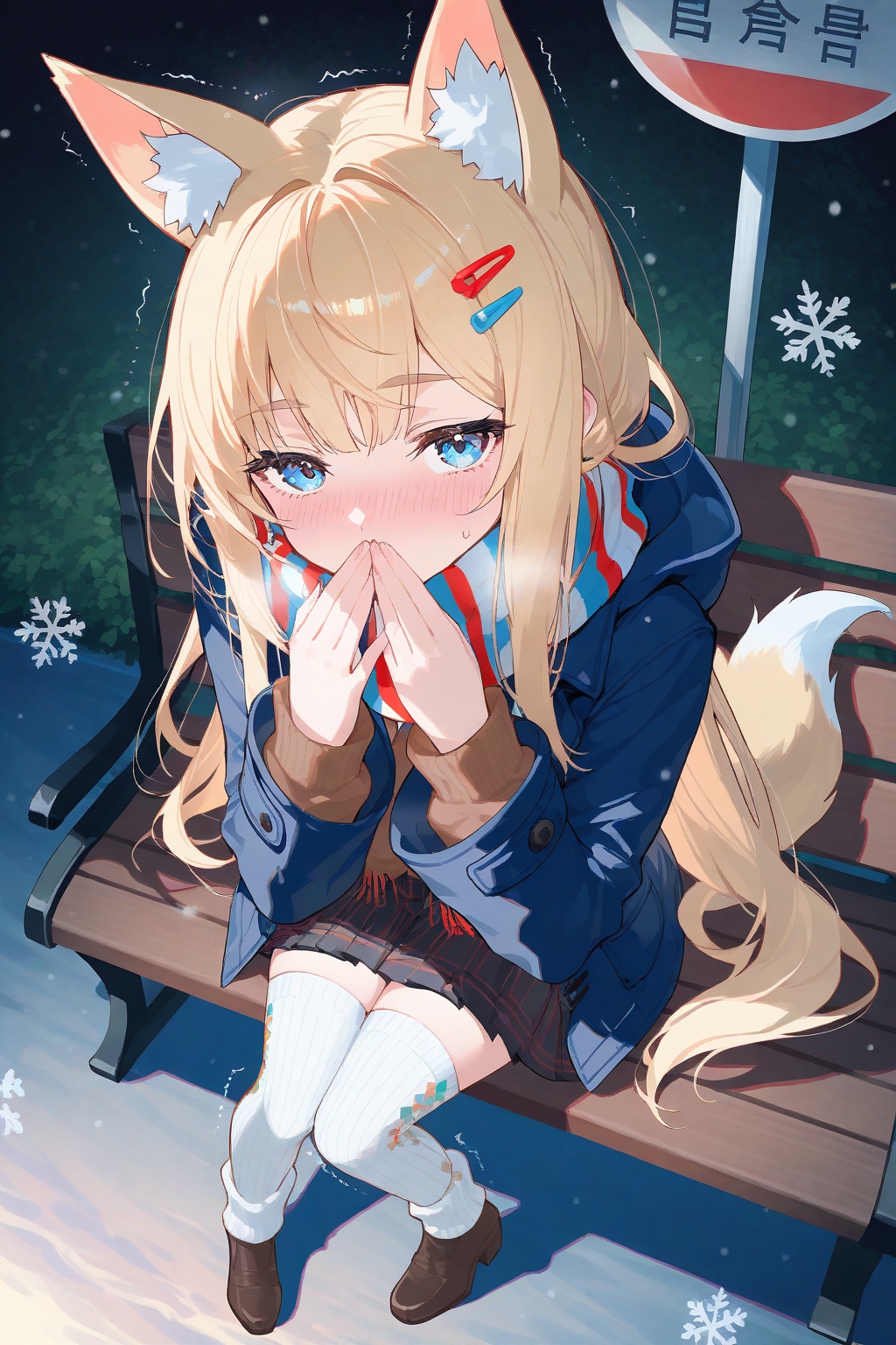 crisp,gwwj,Mika Pikazo,ezu,melting,Tender,masterpiece,best quality,very aesthetic,1girl,extremely delicate and beautiful,Noise and grain,huge filesize,amazing quality,foreshortening,stylish_pose,nose_blush,long hair,trembling,scarf_over_mouth,striped_scarf,winter_coat,dog_girl,collapsed ear,motion_lines,looking_at_viewer,gyaru,white_thighhighs,air bangs,tie up the hair end tail,fringe_trim,russian style clothing,snowflakes,bus stop,water vapor,covering_mouth,half-closed_eyes,endured_face,from_side,hairclip,night,moody lighting,portrait,dynamic_angle,sitting on a bench,from_above,embarrass,blue eyes,pigeon-toed,vertical-striped_legwear,