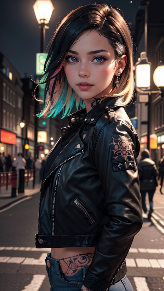 raw portrait photo of Punk Girl,  very short multicolored hair,  in high detailed textured (black leather jacket) on Tenso...