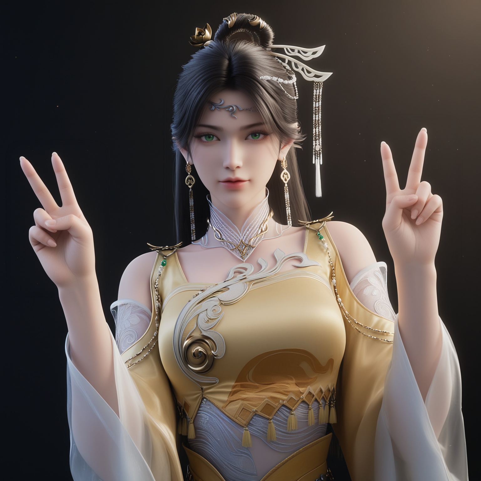 masterpiece,best quality,absurdres,highres,BREAK(glamor:1.1),slender,1girl,solo,<lora:金瓶儿-ill:0.82>,jingpinger,long hair,black hair,hair ornament,earrings,jewelry,green eyes,shoulder cutout,wide sleeves,yellow dress,see-through,looking at viewer,front view,(double v),upper body,BREAKsimple background,black background,rim light,Tyndall effect,Volumetric Lighting,Cinematic Lighting,realistic,depth of field,