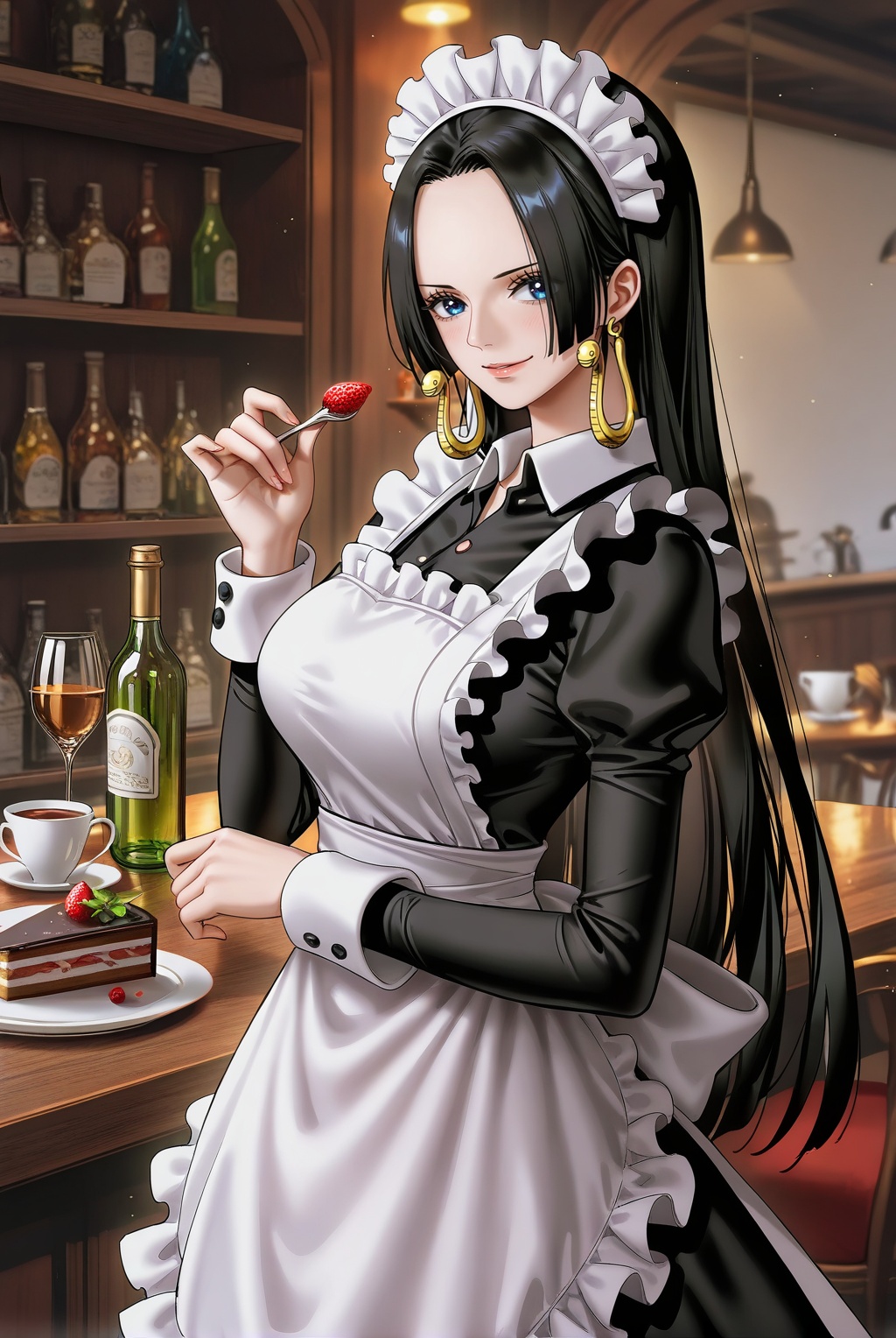8k,best quality,masterpiece,(ultra-detailed),(high detailed skin),[artist:wlop],[artist:ningen_mame],artist:ciloranko,[[artist:rhasta]],artist:tidsean,looking at viewer,<lora:女帝ILL:0.6>,nvdi,black hair,1girl,long hair,jewelry,earrings,blue eyes,boa hancock one piece,boa hancock,<lora:立绘构图ILL:0.2>,lihui,1girl,black hair,jewelry,earrings,solo,maid,long hair,maid headdress,cake,apron,food,enmaided,smile,breasts,maid apron,looking at viewer,dress,large breasts,bottle,blue eyes,black dress,cup,white apron,blush,