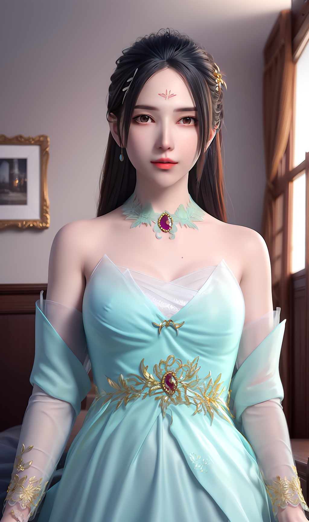masterpiece,(best quality),official art, extremely detailed cg 8k wallpaper,((crystalstexture skin)), (extremely delicate and beautiful),highly detailed,1girl,solo,long hair,headwear,(standing),( hair),((dress,skirt)),face,lips,(closed mouth),(upper body),(medium breasts),((hair_ornament)),jewelry,earrings,facial_mark,bare_shoulders,(sunshine, indoor,bed),((looking_at_viewer)),((Facing the camera)),, <lora:hipoly3DModelLora_v10:0.3>