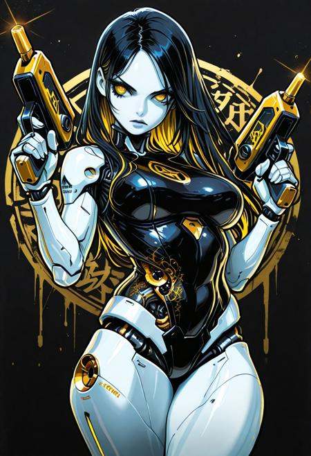 (masterpiece), (best quality), (ultra-detailed), amazing quality, very aesthetic, perfect composition, intricate details, absurdres, incredibly absurdres, clear skin, ultra-detailed-eyes, greatscore, pretty, dynamic angle, dynamic pose, mechabare, mechanical parts, solo, science fiction,sf, 1girl, cyborg, fighting stance, holding weapons, holding dual pistols, cyborg, dualies,mechanical arms, mechanical eyes, long hair, black hair with gold highlights, face focus western comics \(style\), , multiple-tonbackground , ,dynamic visul, limited palette theme, shadow outlines, matel color trim, ,two-tone colored , Mid shot, barcode tattoo,Black background, Japanese text, Japanese graffiti,