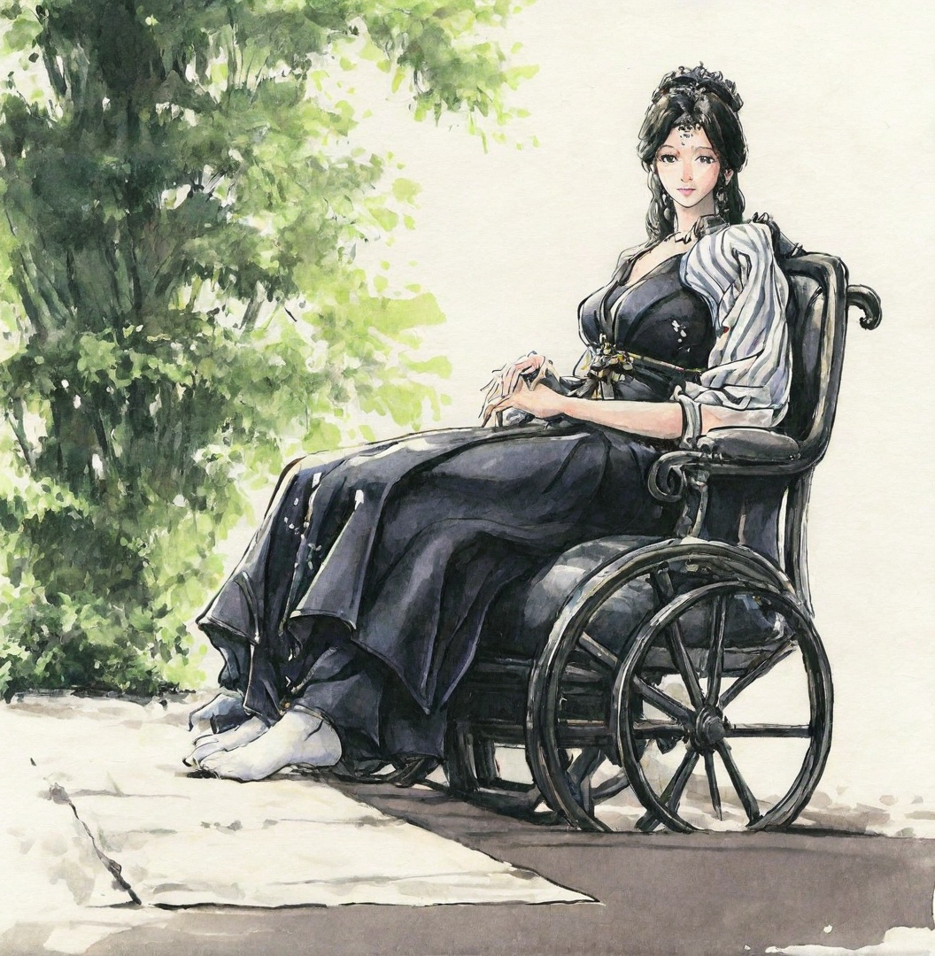 ((very awa)),solo,highly detailed,(best quality),((masterpiece)),1girl,chi,<lora:chi正则100nbXL:0.7>,painting \(medium\),traditional media,watercolor \(medium\),looking_at_viewer,nikesi,long hair,black hair,<lora:倪克斯nbXL:1>,mature_female,black_clothes,looking at viewer,sitting,feet,no shoes,
