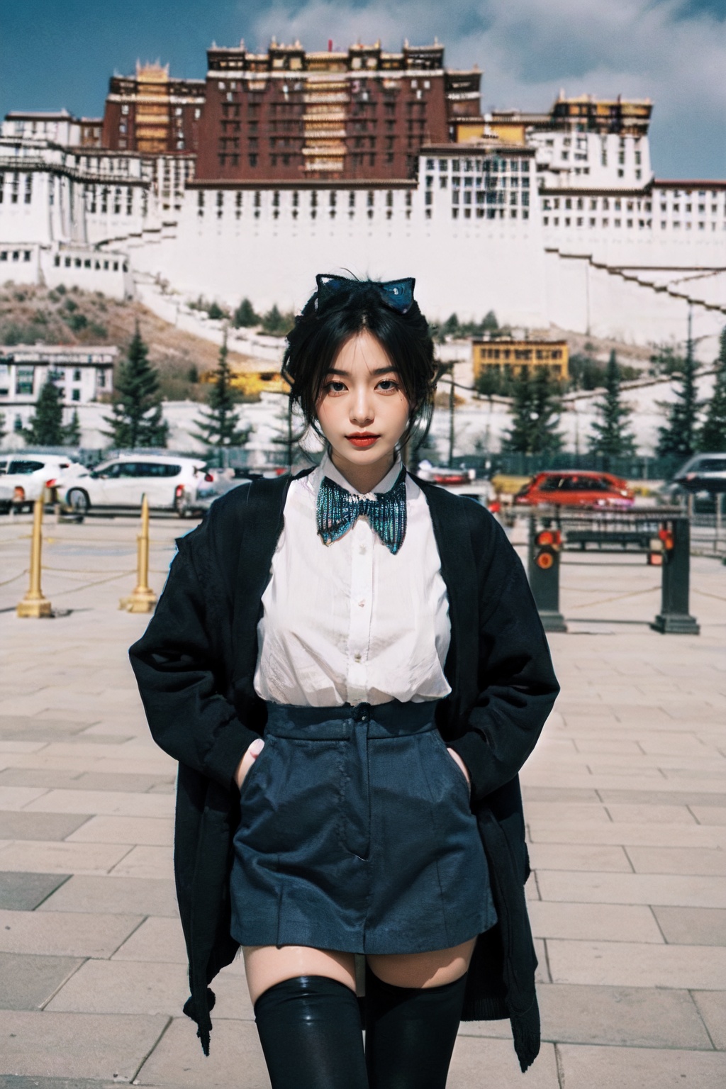 ((masterpiece)),((best quality)),(phot-relistic:1.4),8k,RAW photo,absurdreshyperdetailed,realistic,bokeh,depth of field,(Foreground blur:1.3),Deep Shadow,negative space,Minimalism,film grain,horror photography,vintage tone,high contrast,(dark blue theme:1.1),professional photography photos,emptiness,1girl,elegant,(sad:1.2),lazy,gloom,huge breasts,looking at viewer,(black thighhighs:1.6),dutch angle,<lora:Potala_muggle:0.6>,Potala muggle,building,outdoors,photo background,real world location,