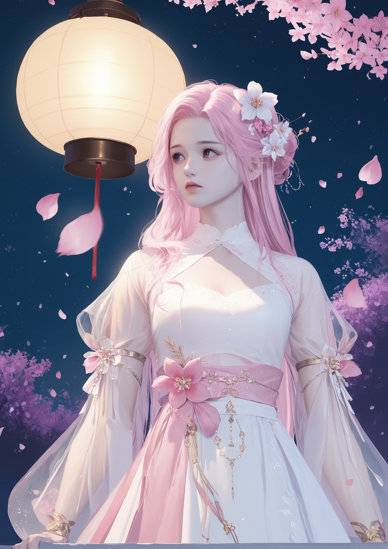 score_10,score_9,score_8_up,score_7_up,1girl,hair ornament,long hair,flower,pink hair,solo,dress,jewelry,night,lantern,petals,looking to the side,hair flower,see-through sleeves,