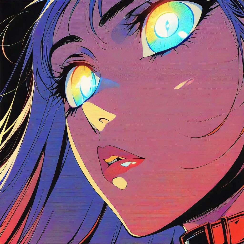 rtro2,  neon_horror_noir_style,  A striking anime portrait of a woman with violet hair and piercing blue eyes on Tensor.Art