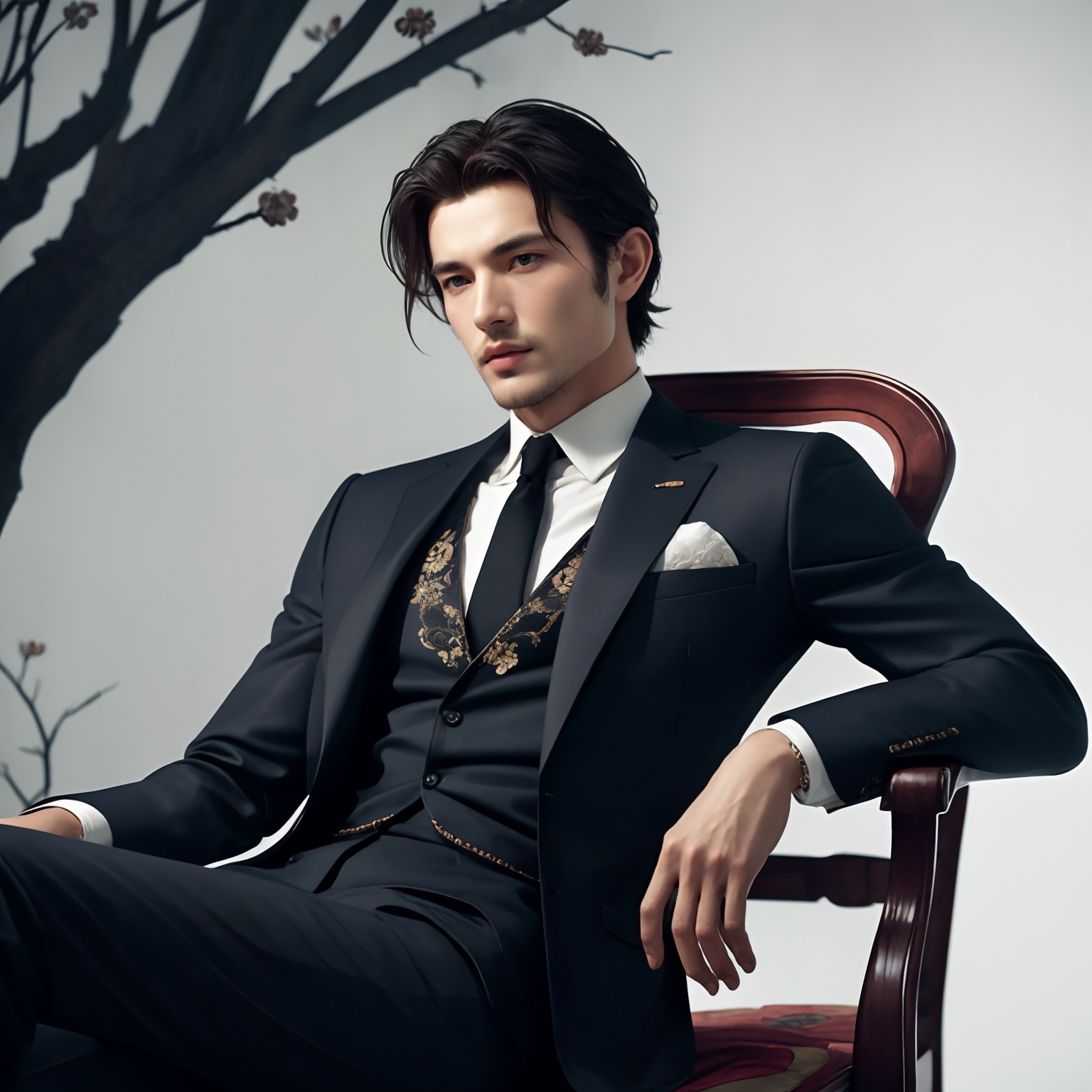 A serene male model reclines elegantly on an embroidered chaise,wearing an Armani suit with jade accents. The backdrop features a large-scale replica of a Chinese ink painting,adding depth to this half body shot. Medium: GQ,by Larry Sultan,