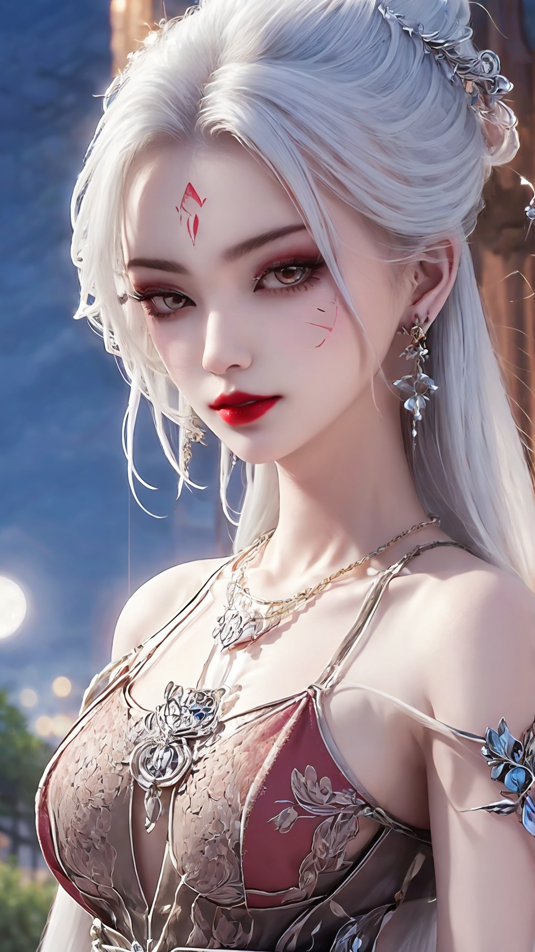1girl, moon, jewelry, necklace, solo, bracelet, white hair, earrings, facial mark, long hair, night, hair ornament, looking at viewer, bare shoulders, full moon, forehead mark, upper body, red lips, dress<lora:girl miaojiangxiaobai_20240912173536:0.8>,