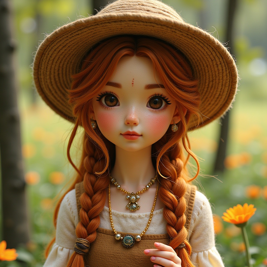 Texture of yarn,1girl,solo,long hair,brown hair,hat,dress,jewelry,braid,flower,necklace,orange hair,blurry,twin braids,tree,nature,hair over shoulder,freckles,realistic,straw hat,