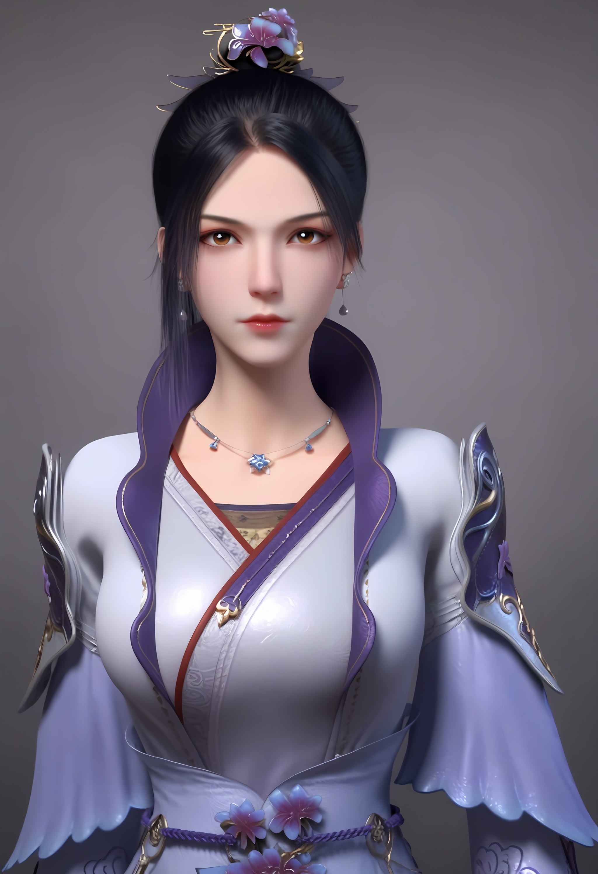 (score_9),<lora:南宫夕儿-Apony-000009:0.83>,nangonxier,solo,1girl,black hair,hair ornament,hair flower,earrings,ponytail,long hair,high collar,jewelry,necklace,shoulder armor,chinese clothes,belt,large breasts,glamor,puffy breasts,pointy_breasts,<lora:a修手:0.35>,front view,looking at viewer,OverallDetail,fair_skin,(white_skin),(Ivory_skin),<lora:perfect-eyes:0.8>,brown eyes,<lora:e色温:0.5>,<lora:Expressive_H:0.8>,<lora:e肤色滑块:0.5>,<lora:SkinRealityOrg_ponyv6_loraplus:0.2>,real skin,realistic,