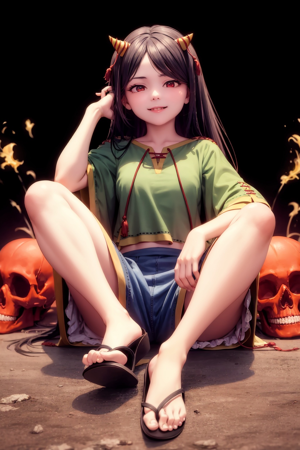 masterpiece, best quality,  <lora:NippakuZanmu:1>1girl, long hair, solo, very long hair, red eyes, black hair, smile, sitting, skull, sandals, horns, full body, white background, skirt