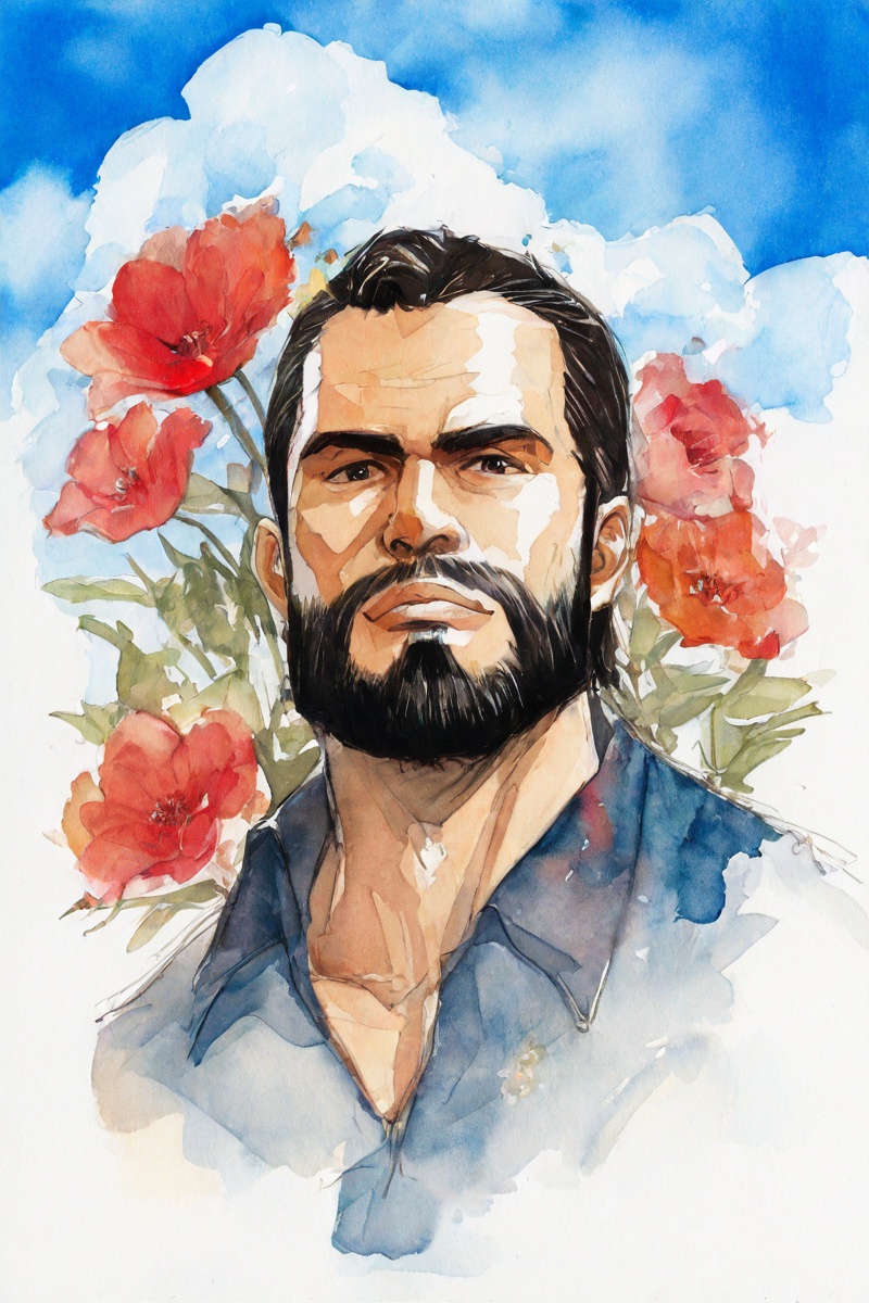 <lora:ArsMJStylePony_-_Watercolor:0.8>,arsmjstyle,beard,blue sky,cloud,flower,lips,looking at viewer,male focus,painting \(medium\),red flower,sky,watercolor,white background,