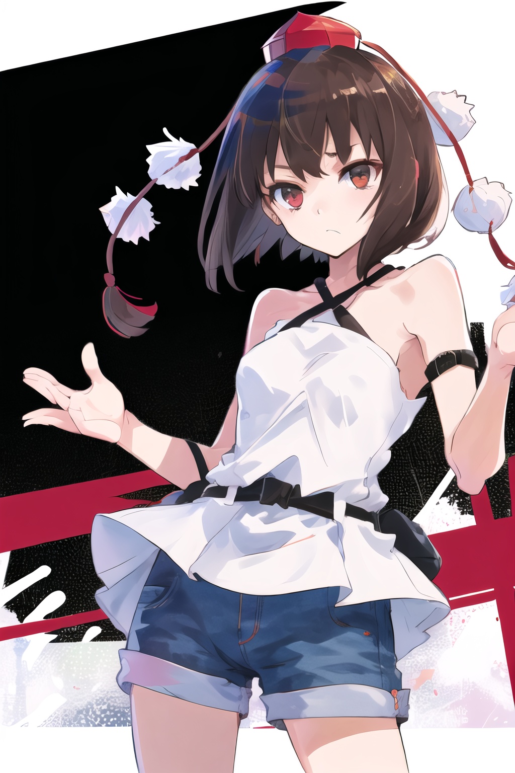 1girl,solo,front view,shameimaru aya,(tokin hat:1.1),(pom pom \(clothes\):1.1),red headwear,hat,criss-cross_halter,denim_shorts,red eyes,short hair,brown hair,<lora:shameimaru aya002-000012:0.65>,