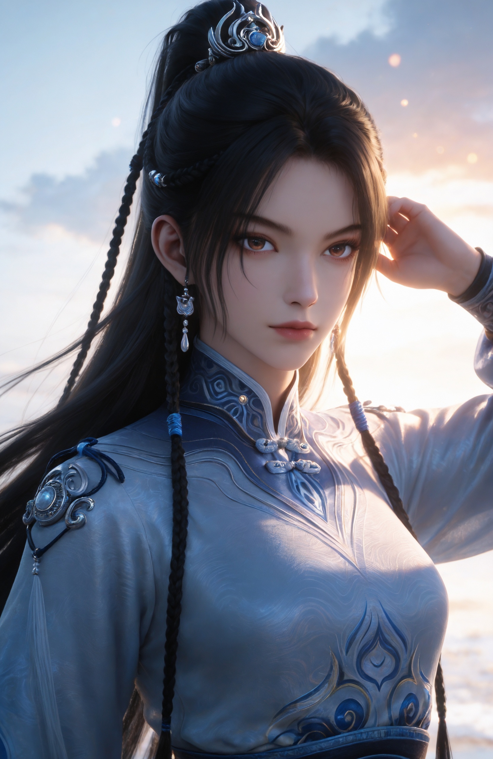 realistic style photo,outstanding style,Use soft lighting to cast gentle shadows on the subject,adding a touch of dimension to your images without compromising details,whirls of vapor,(Anime:1.1),soft neon light,ethereal ambiance,delicate details,magical atmosphere,concept art,highly detailed,ultra-high resolution,32K UHD,sharp focus,best-quality,masterpiece,golden hour,unconventional supreme masterpiece,masterful details,temperate atmosphere,with a high-end texture,in the style of fashion photography,magazine style,Dynamic Angle,Dynamic posture,magazine style,Dynamic Angle,Dynamic posture,(cowboy_shot:1.2),eye trail,depth of field,cinematic lighting,lens flare,close-up,extreme aesthetic,(wlop:0.6),(honjou raita,lack,rella,wanke:0.5),masterpiece,best quality,good quality,newest,year 2025,very aesthetic,absurdres,Visual impact,A shot with tension,ultra-high resolution,32K UHD,sharp focus,best-quality,masterpiece,Emotionalization,unconventional supreme masterpiece,masterful details,temperate atmosphere,with a high-end texture,in the style of fashion photography,(Visual impact:1.2),giving the poster a dynamic and visually striking appearance <lora:剑来2-宁姚IL:0.7> 1girl, long hair, black hair, earrings, ponytail, braid, hair ornament, hair bun, chinese clothes, blue dress, brown eyes, black pants,boots, realistic style,white background,upper body,looking at viewer,dynamic posture,