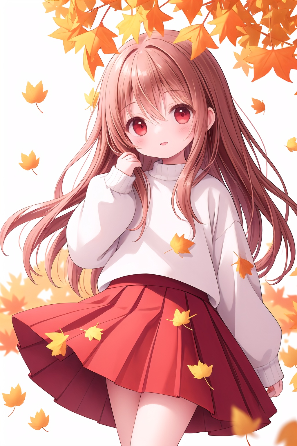 1girl, solo, long hair, looking at viewer, blush, smile, bangs, skirt, brown hair, shirt, red eyes, long sleeves, white background, hair between eyes, very long hair, standing, white shirt, pleated skirt, parted lips, puffy sleeves, hand up, sweater, sleeves past wrists, feet out of frame, red skirt, leaf, hair flaps, puffy long sleeves, white sweater, autumn leaves, maple leaf, ginkgo leaf
