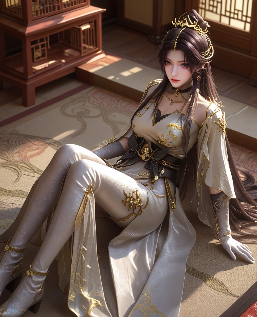(oriental architecture, elegant decor, sophisticated style:1.1),(Elbows on knees, head resting on her hands,:1.1),From a high-angle vantage point,looking downwards,(large breasts:1.2),<lora:XL16云深不知梦羲和白色战斗服:0.95>,miss xihe,silvery white tiered dress,shawl,yellow eyes,facial mark,black hair,absurdly long hair,traditional chinese updo with long front strands,hair ornament,jewelry,sash,gloves,tights with attached boots,, score_9,score_8_up,score_7_up,score_6_up,score_5_up,score_4_up,3d rendering,tag1,tag2, Cinematic Lighting,backlighting,