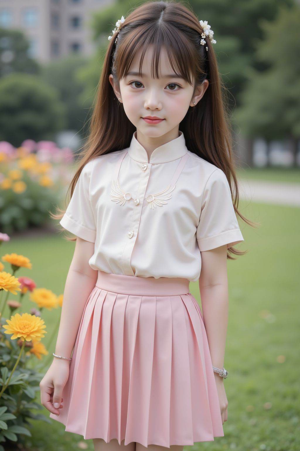 The image is a high-resolution photograph the subject is a young girl with brown hair and fair skin. She has a slender physique and is wearing a traditional clothes,short-sleeved blouse with a collar and a pink short pleated skirt and eaching just above her knees. The young cute girl expression is neutral,with a slight smile,and she is looking directly at the camera. Her makeup is subtle,featuring light eyeshadow,mascara,and pink lipstick. She has a delicate bracelet on her right wrist. The background is on the grass in the park,with a lot of colorful flowers blooming next to it.,
