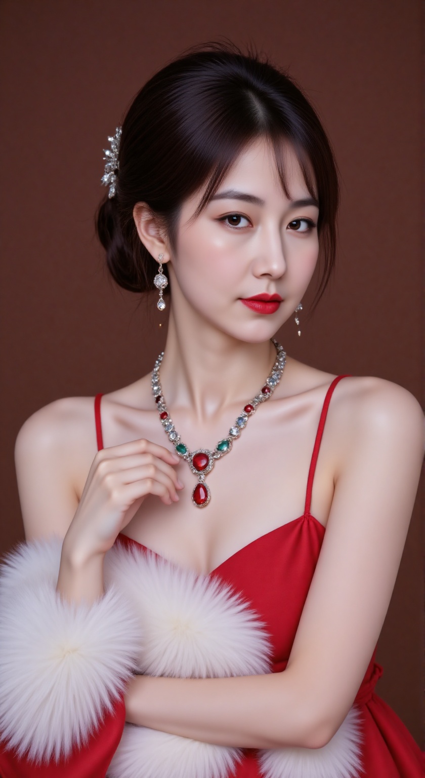 RUNYAN, RUNYAN Photograph of an Asian woman with fair skin and dark hair styled in an elegant updo, adorned with a silver hairpiece. She wears a red dress with white fur trim, red lipstick, and a sparkling necklace with red and green gemstones. The background is a solid brown. 