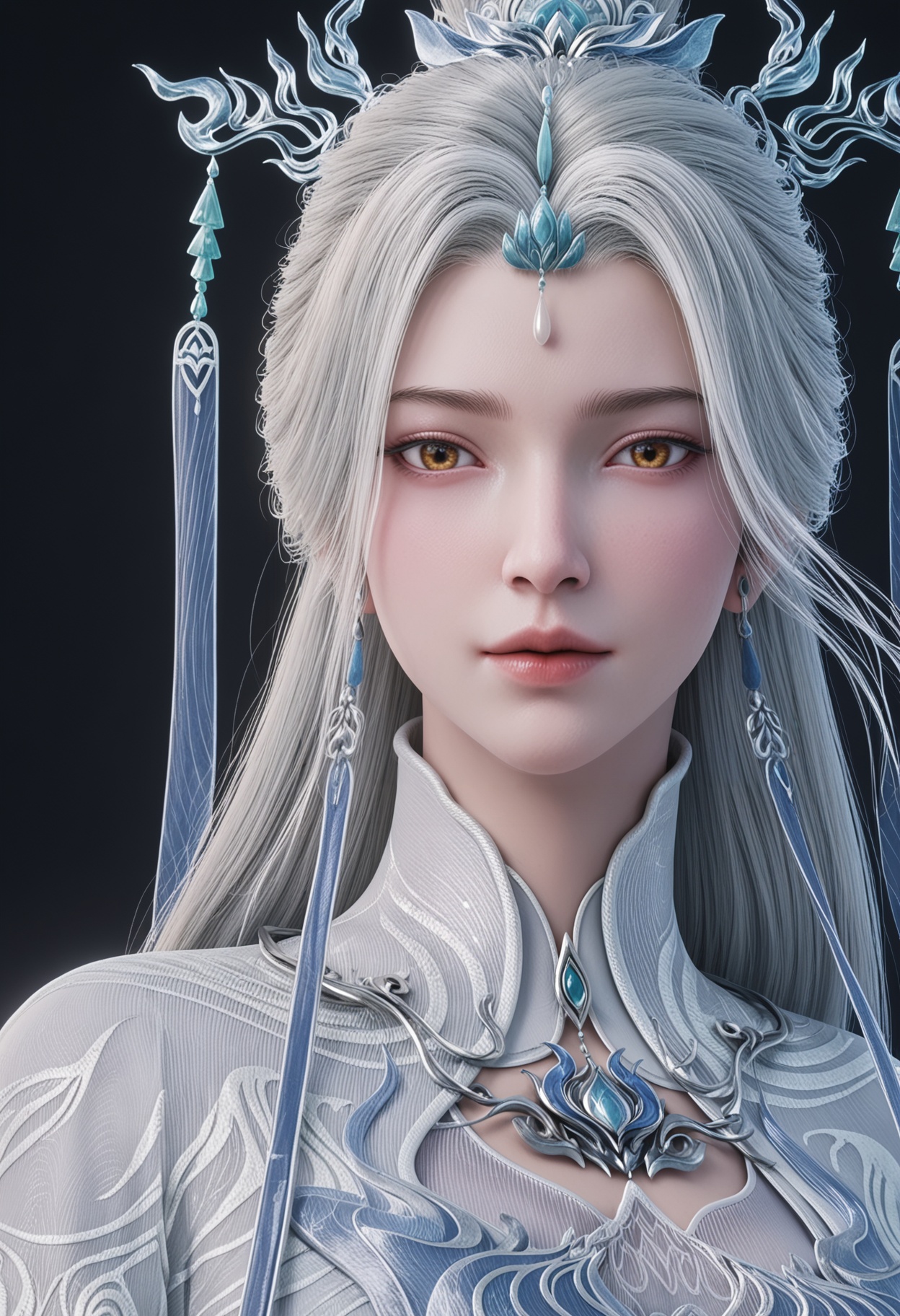 (upper_body:1.2),score_9,score_8_up,masterpiece,(best quality),intricate details,facing viewer,(looking at viewer:1.1),<lora:YQ_pony_jianma_fuzhuang2_V4:0.8>,q1528437228,solo,1girl,white hair,long hair,jewelry,hair ornament,earrings,hair bun,chinese clothes,dress,long sleeves,white dress,yellow eyes,wide sleeves,forehead mark,brown eyes,robe,single hair bun,tassel,facial mark,BREAKscore_9,score_8_up,masterpiece,(best quality),perfect anatomy,(hourglass),perfect face,(simple background,pure black background,black background:1.1),fair_skin,shiny_skin,Ivory_skin,