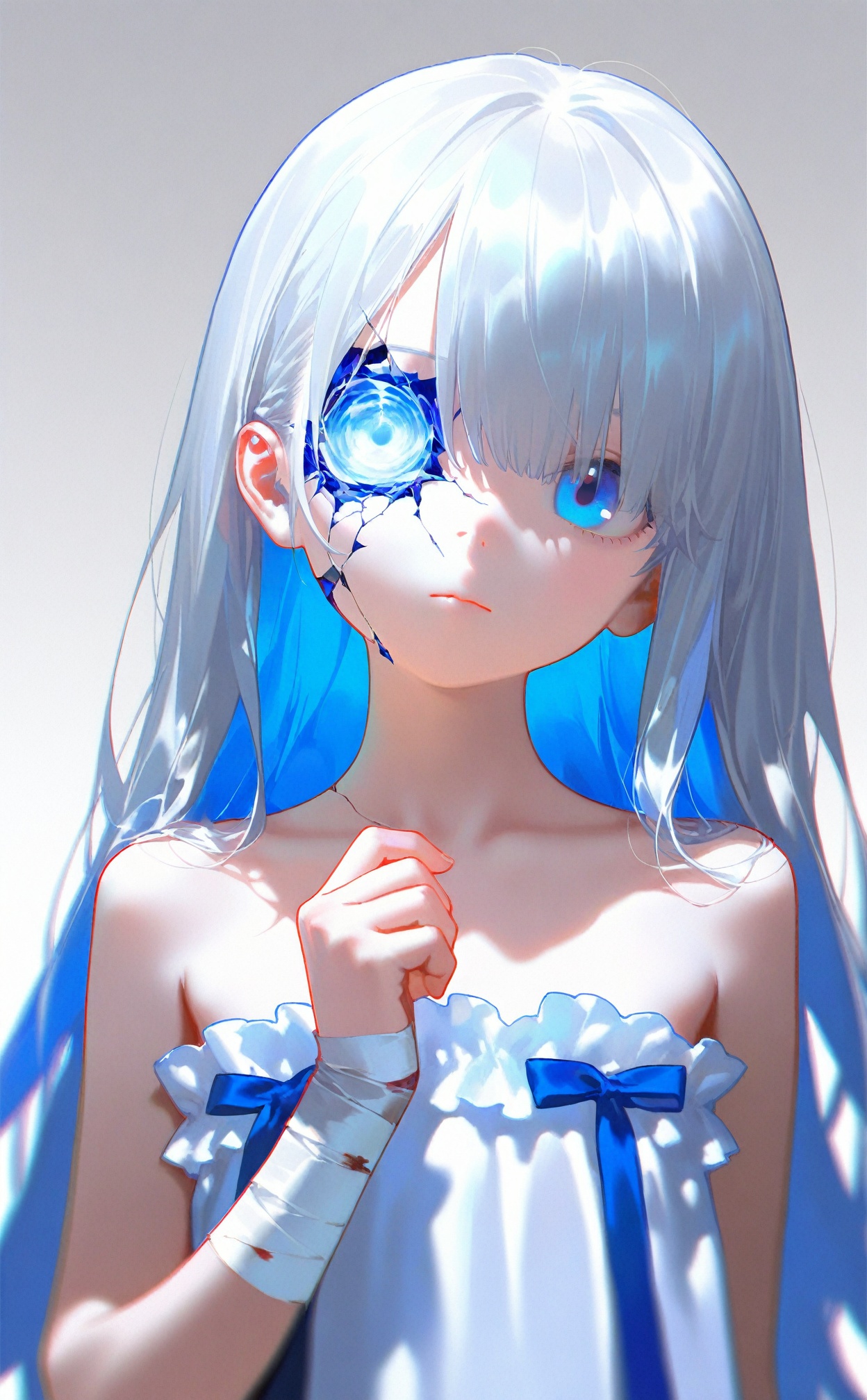 masterpiece,blurry background,background light,loli,loli,white_background,1girl,solo,bandages,bandaged arm,long hair,glitch,blue eyes,looking at viewer,dress,colored inner hair,collarbone,closed mouth,white hair,blue theme,frilled dress,cracked skin,white background,bow,frills,upper body,white dress,head tilt,hand up,multicolored hair,blue hair,expressionless,crack,simple background,one eye covered,bare shoulders,blue bow,straight hair,hair behind ear,straight-on,strapless dress,