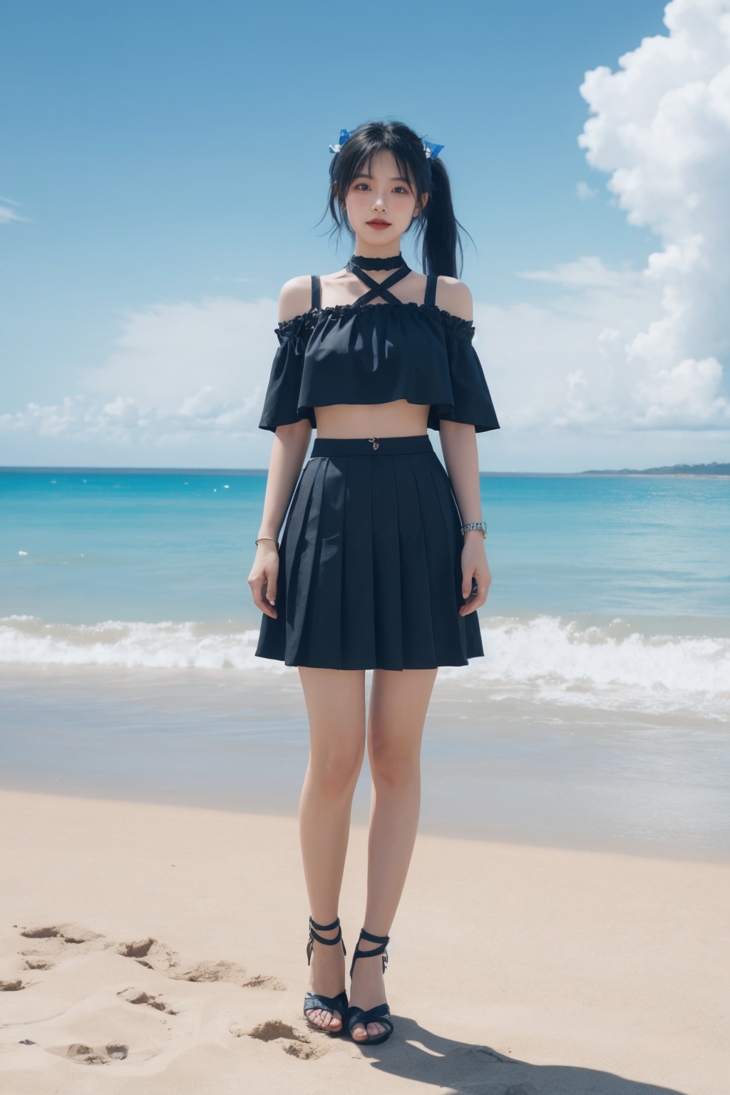 1girl,beach, black choker, black skirt, blue hair, blue sky, bra strap, bracelet, breasts, choker, cloud, cloudy sky, cowboy shot, crop top, cross, day, hair ribbon, jewelry, lips, long hair, looking at viewer, midriff, navel, necklace, ocean, off-shoulder shirt, off shoulder, outdoors, pleated skirt, ribbon, shirt, skirt, sky, smile, solo, standing, twintails,full body<lora:美女:0.66>