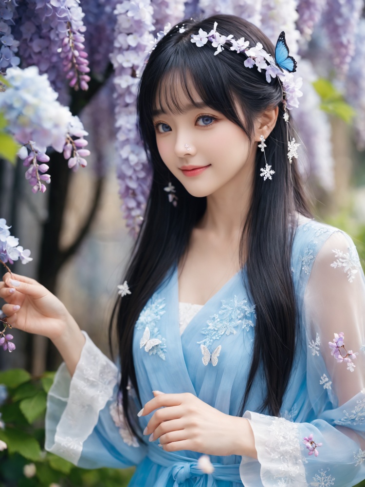 blurry,blurry background,blurry foreground,depth of field,motion blur,bug,butterfly,flower,wisteria,branch,blue butterfly,1girl,solo,white flower,tears,long hair,butterfly hair ornament,own hands clasped,hydrangea,bokeh,cherry blossoms,long sleeves,nail polish,bangs,black hair,blue eyes,water drop,snowflakes,looking at viewer,smile,