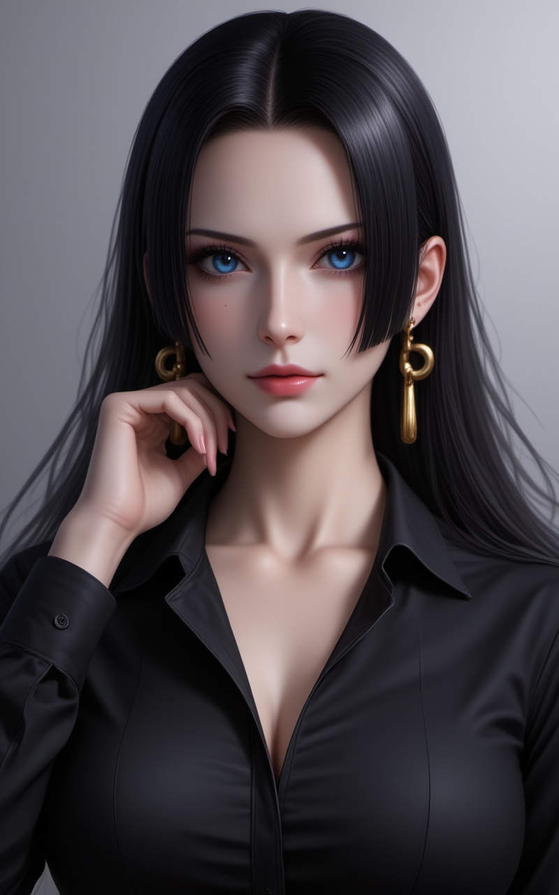 <lora:DJ滤镜_2.5D版:0.9>,lvjing,black hair,long hair,blue eyes,large breasts,1girl,black hair,boa hancock,jewelry,solo,breasts,long hair,blue eyes,earrings,large breasts,collarbone,looking at viewer,forehead,simple background,upper body,cleavage,lips,grey background,long sleeves,shirt,realistic,hand up,mole on breast,black shirt,closed mouth,cover,simple background,gradient_background,Close-up details,outstanding style,adding a touch of dimension to your images without compromising details,close-up,